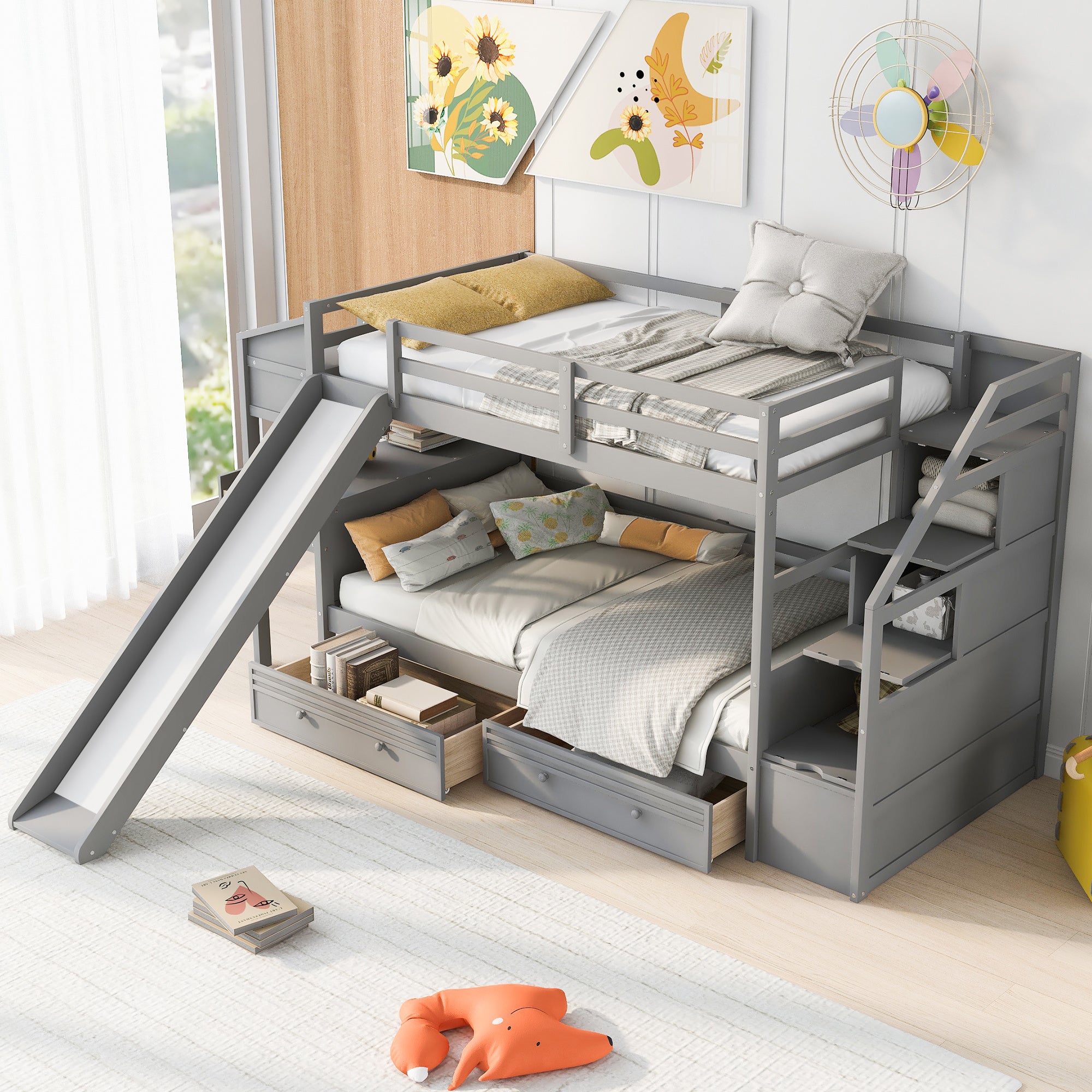 Twin over Twin Bunk Bed with Storage Staircase, Slide and Drawers, Desk with Drawers and Shelves, Gray(Expected Arrival Time: 1.17)