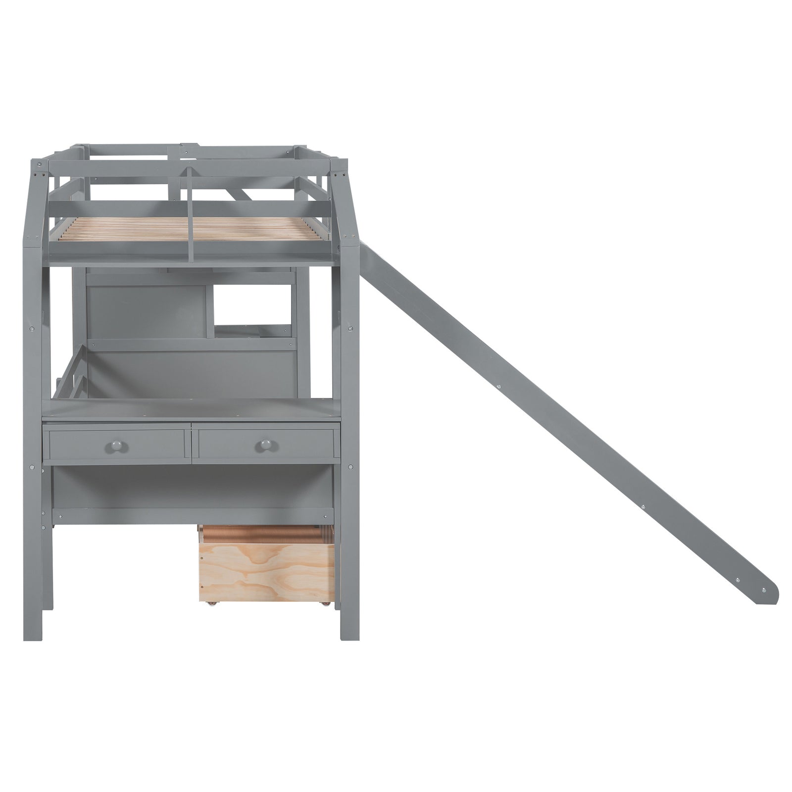 Twin over Twin Bunk Bed with Storage Staircase, Slide and Drawers, Desk with Drawers and Shelves, Gray(Expected Arrival Time: 1.17)