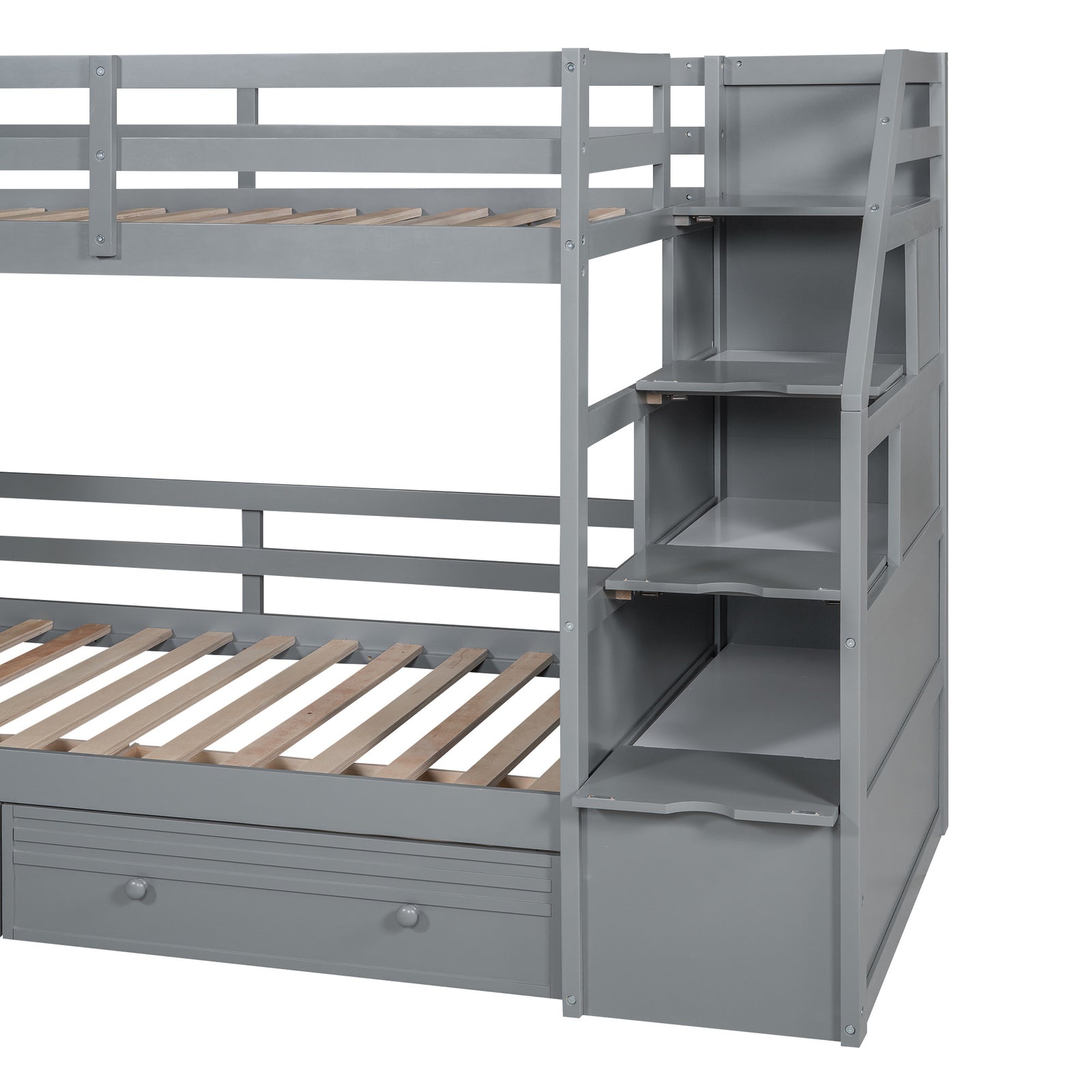 Twin over Twin Bunk Bed with Storage Staircase, Slide and Drawers, Desk with Drawers and Shelves, Gray(Expected Arrival Time: 1.17)