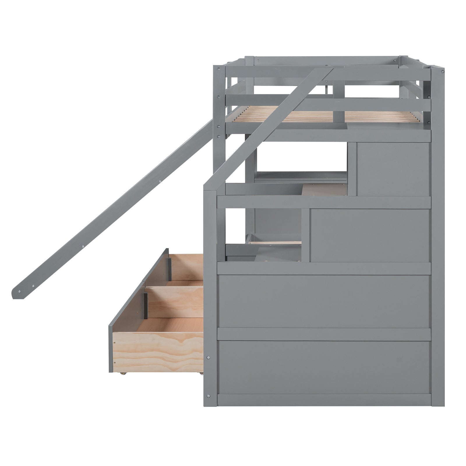 Twin over Twin Bunk Bed with Storage Staircase, Slide and Drawers, Desk with Drawers and Shelves, Gray(Expected Arrival Time: 1.17)