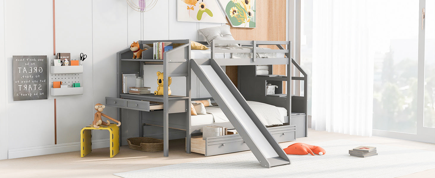 Twin over Twin Bunk Bed with Storage Staircase, Slide and Drawers, Desk with Drawers and Shelves, Gray(Expected Arrival Time: 1.17)