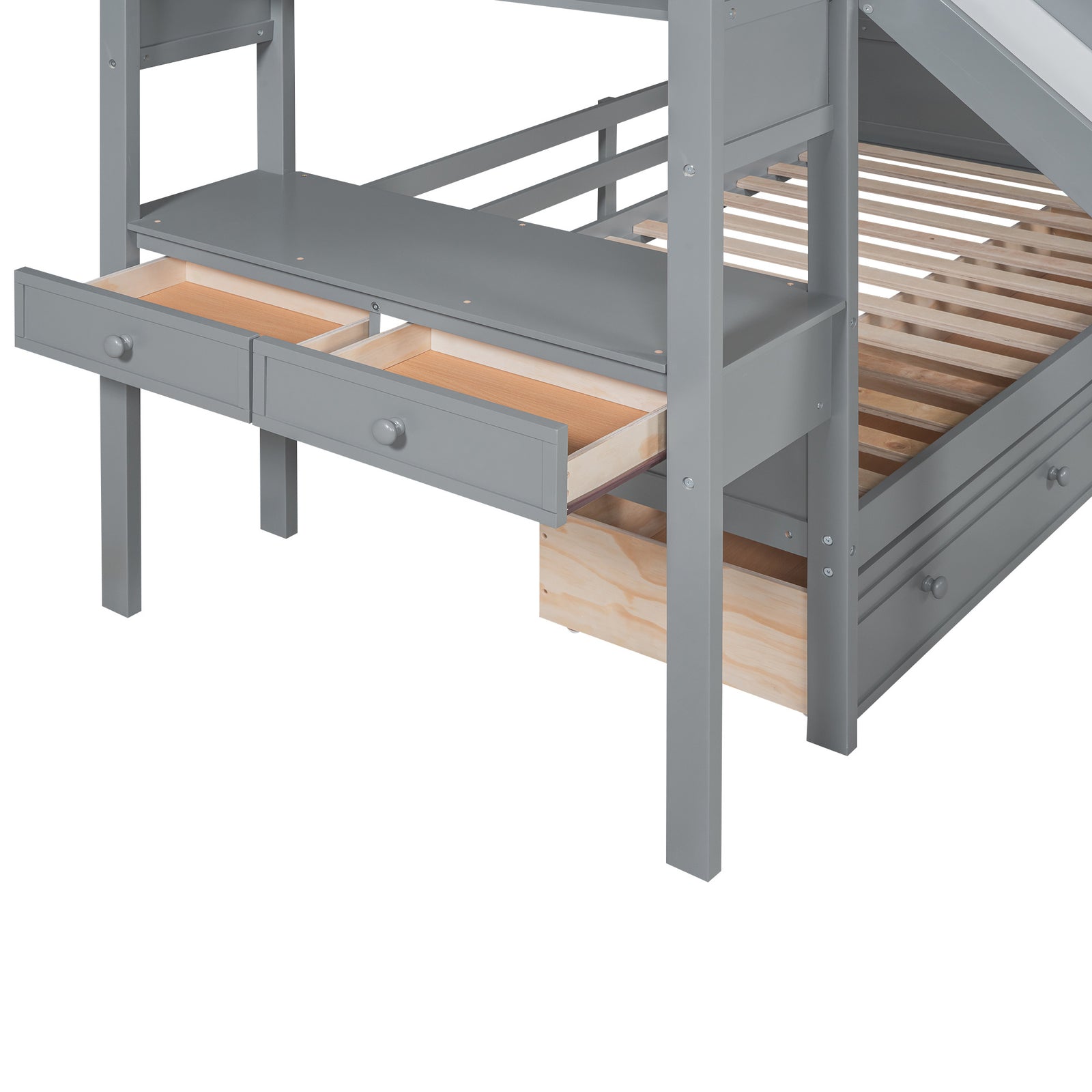 Twin over Twin Bunk Bed with Storage Staircase, Slide and Drawers, Desk with Drawers and Shelves, Gray(Expected Arrival Time: 1.17)