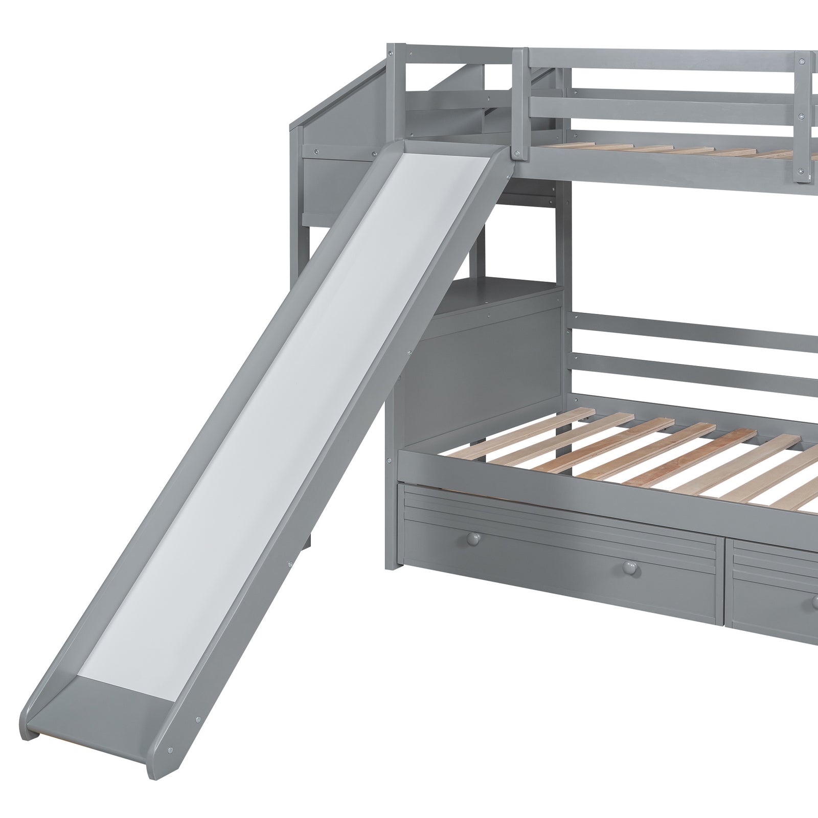 Twin over Twin Bunk Bed with Storage Staircase, Slide and Drawers, Desk with Drawers and Shelves, Gray(Expected Arrival Time: 1.17)