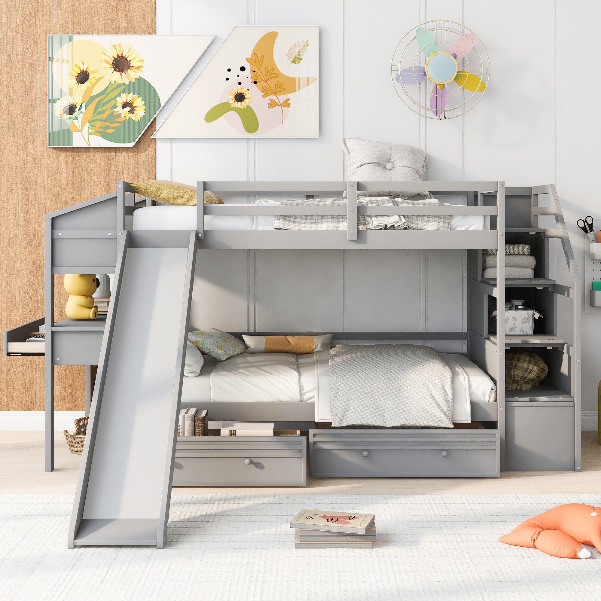 Twin over Twin Bunk Bed with Storage Staircase, Slide and Drawers, Desk with Drawers and Shelves, Gray(Expected Arrival Time: 1.17)