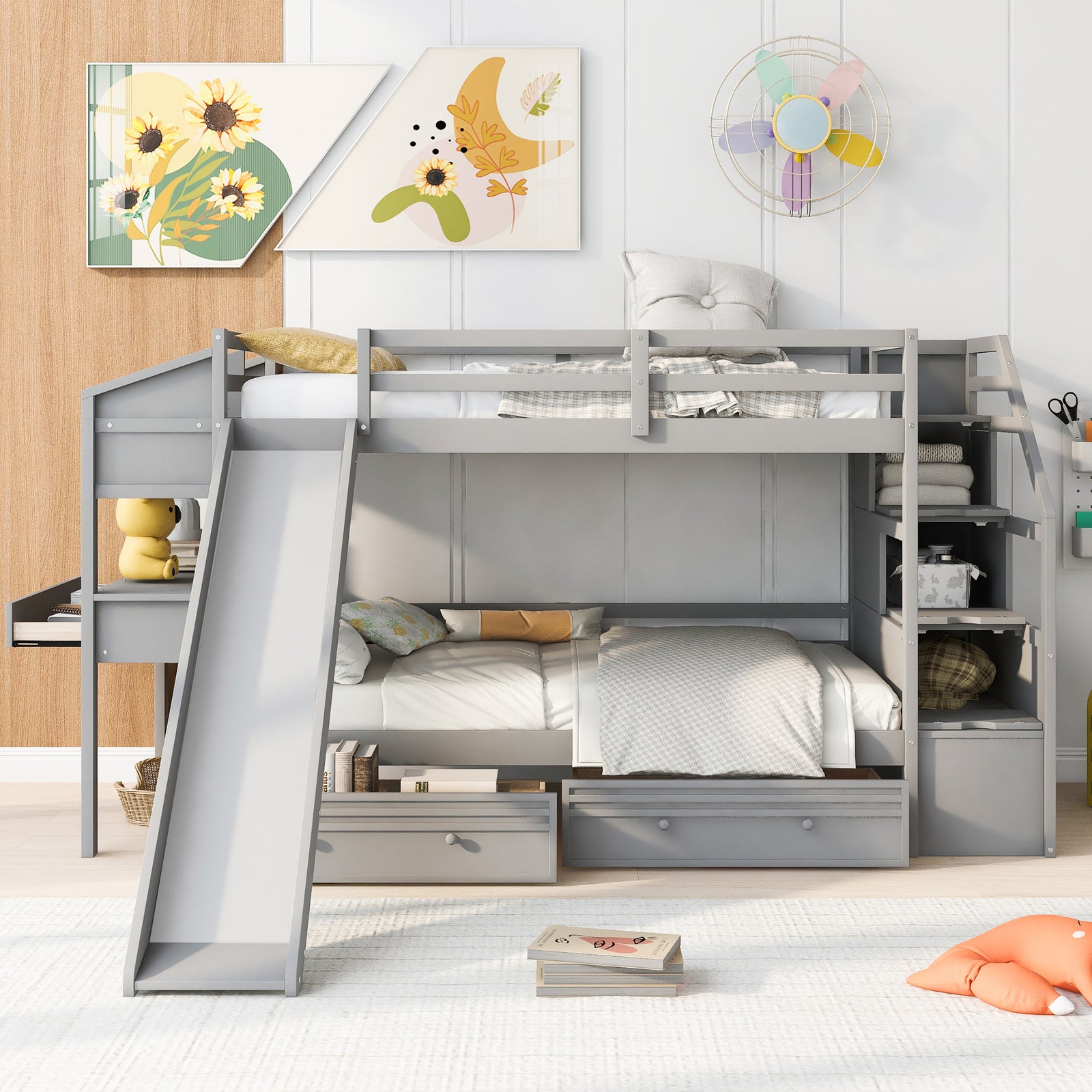 Twin over Twin Bunk Bed with Storage Staircase, Slide and Drawers, Desk with Drawers and Shelves, Gray(Expected Arrival Time: 1.17)