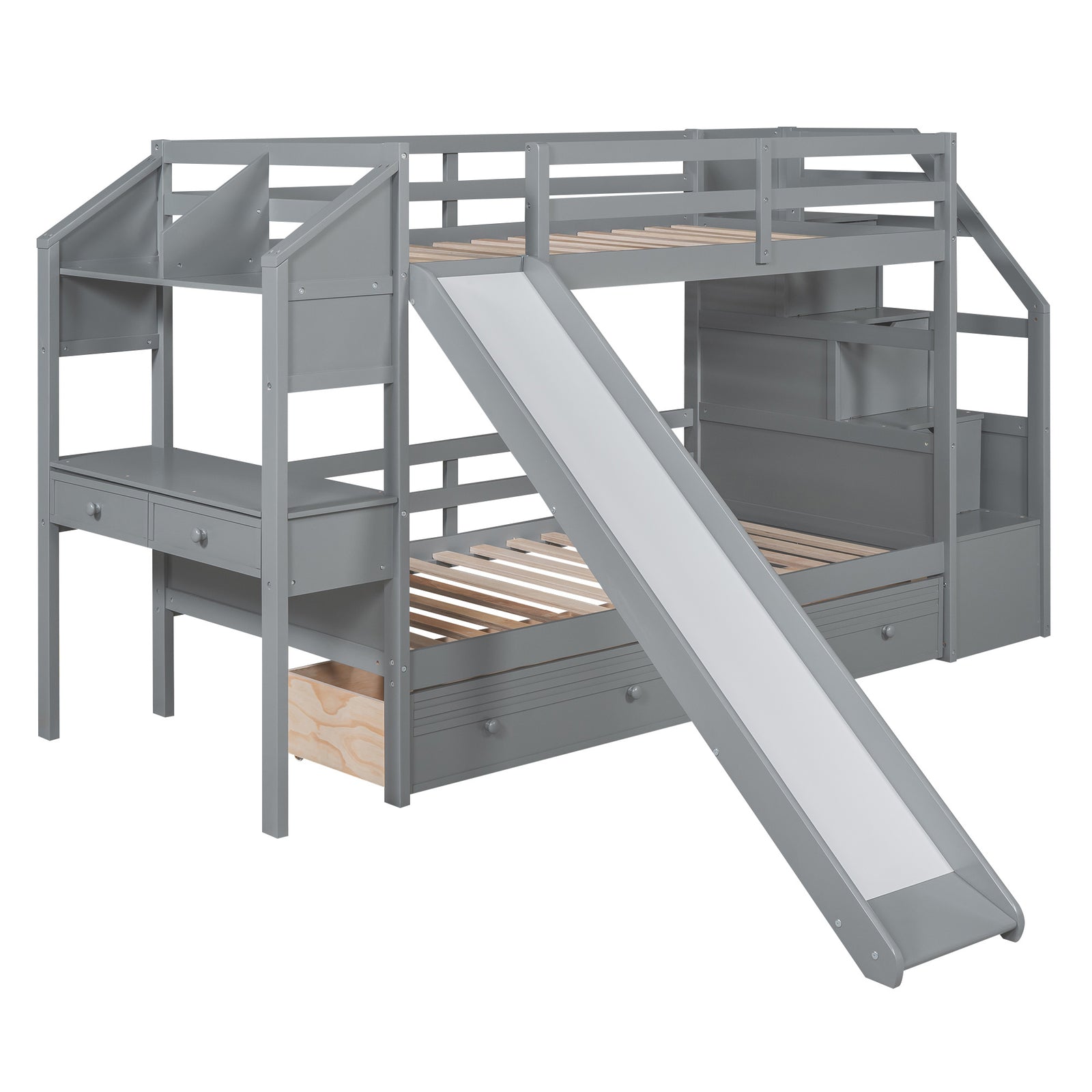 Twin over Twin Bunk Bed with Storage Staircase, Slide and Drawers, Desk with Drawers and Shelves, Gray(Expected Arrival Time: 1.17)
