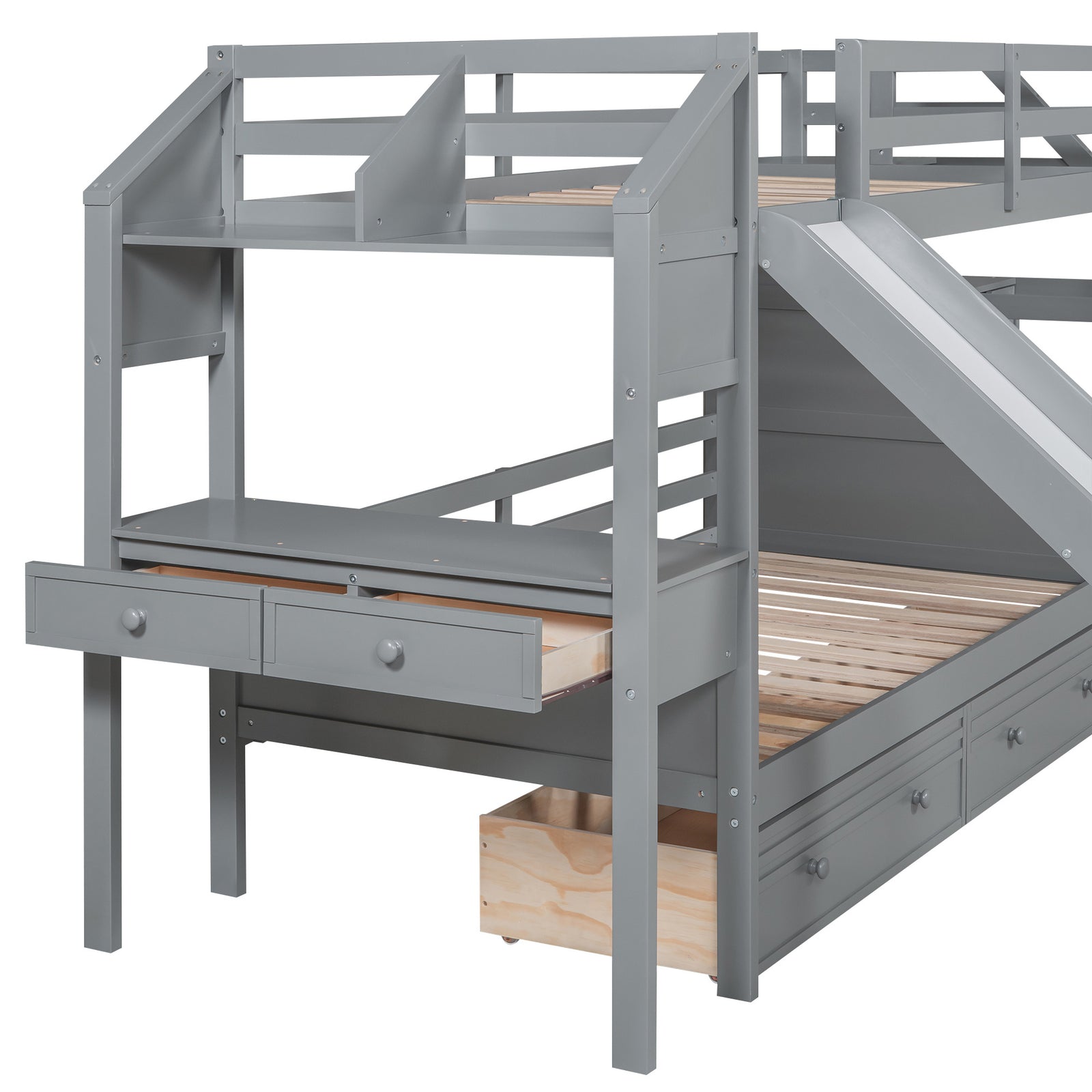Twin over Twin Bunk Bed with Storage Staircase, Slide and Drawers, Desk with Drawers and Shelves, Gray(Expected Arrival Time: 1.17)