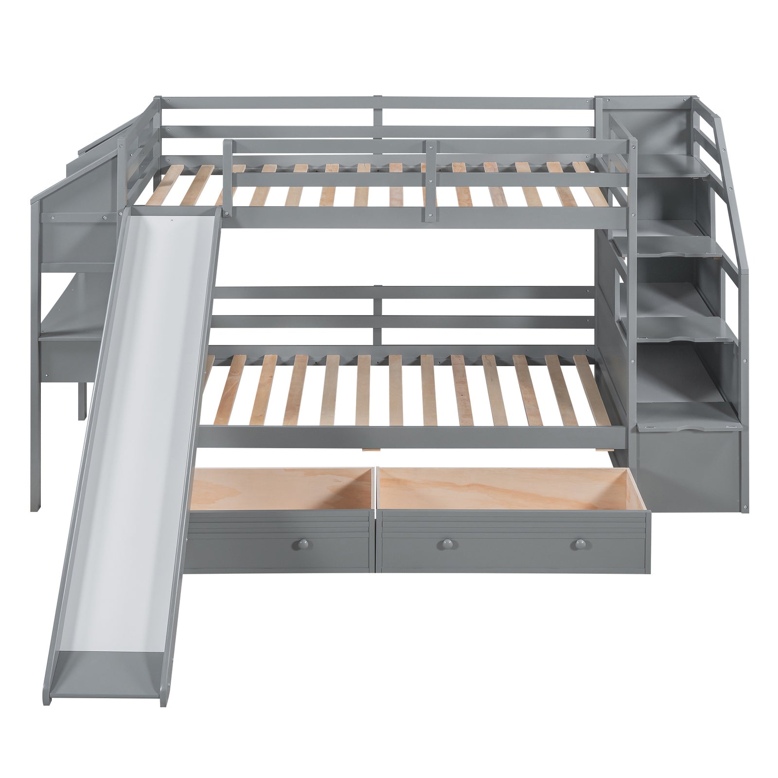 Twin over Twin Bunk Bed with Storage Staircase, Slide and Drawers, Desk with Drawers and Shelves, Gray(Expected Arrival Time: 1.17)