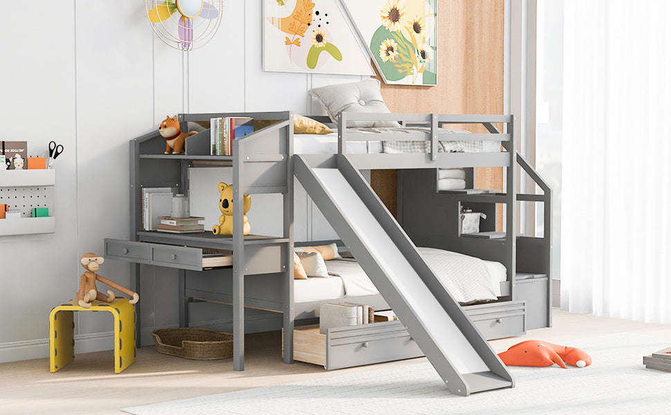 Twin over Twin Bunk Bed with Storage Staircase, Slide and Drawers, Desk with Drawers and Shelves, Gray(Expected Arrival Time: 1.17)