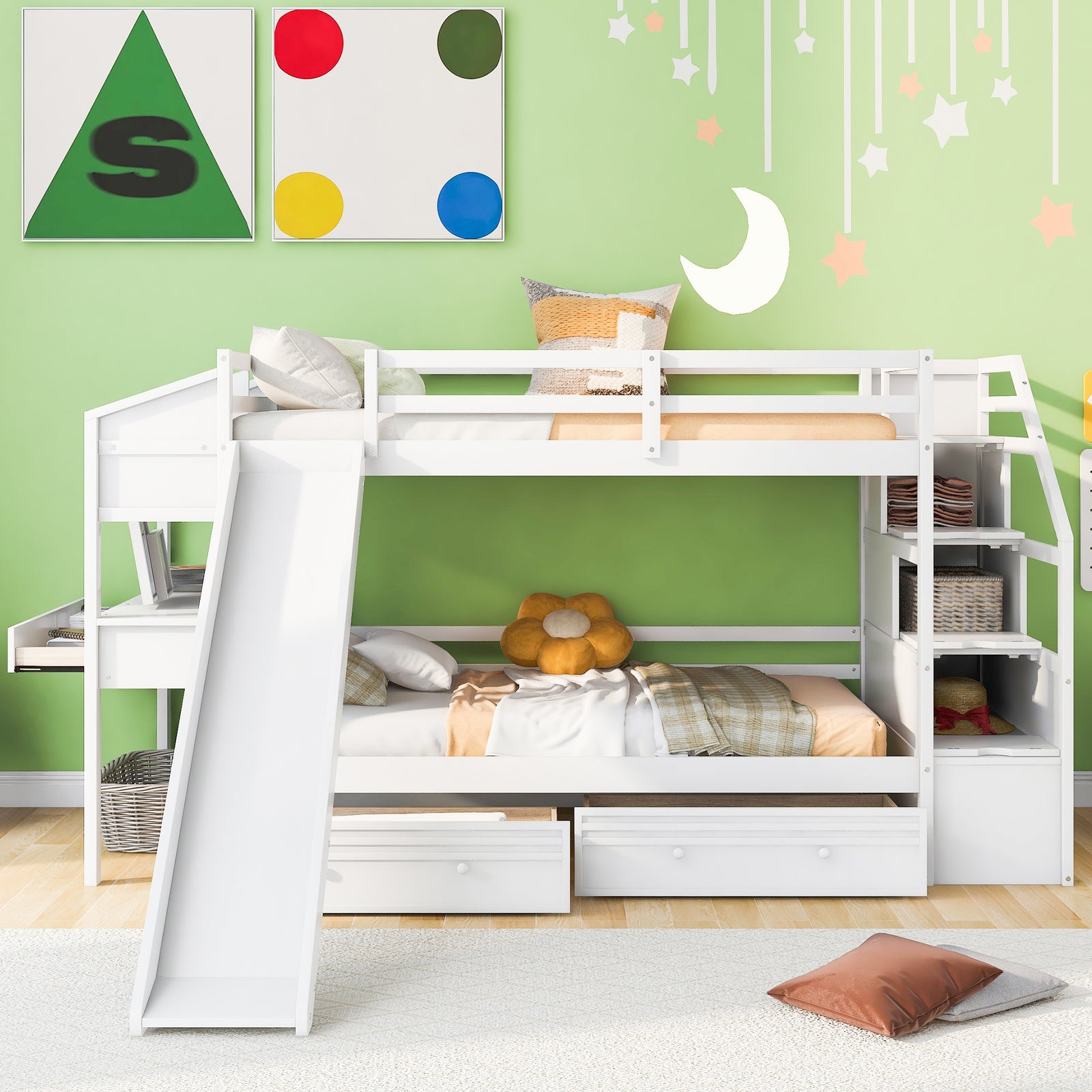 Twin over Twin Bunk Bed with Storage Staircase, Slide and Drawers, Desk with Drawers and Shelves, White(Expected Arrival Time: 1.17)