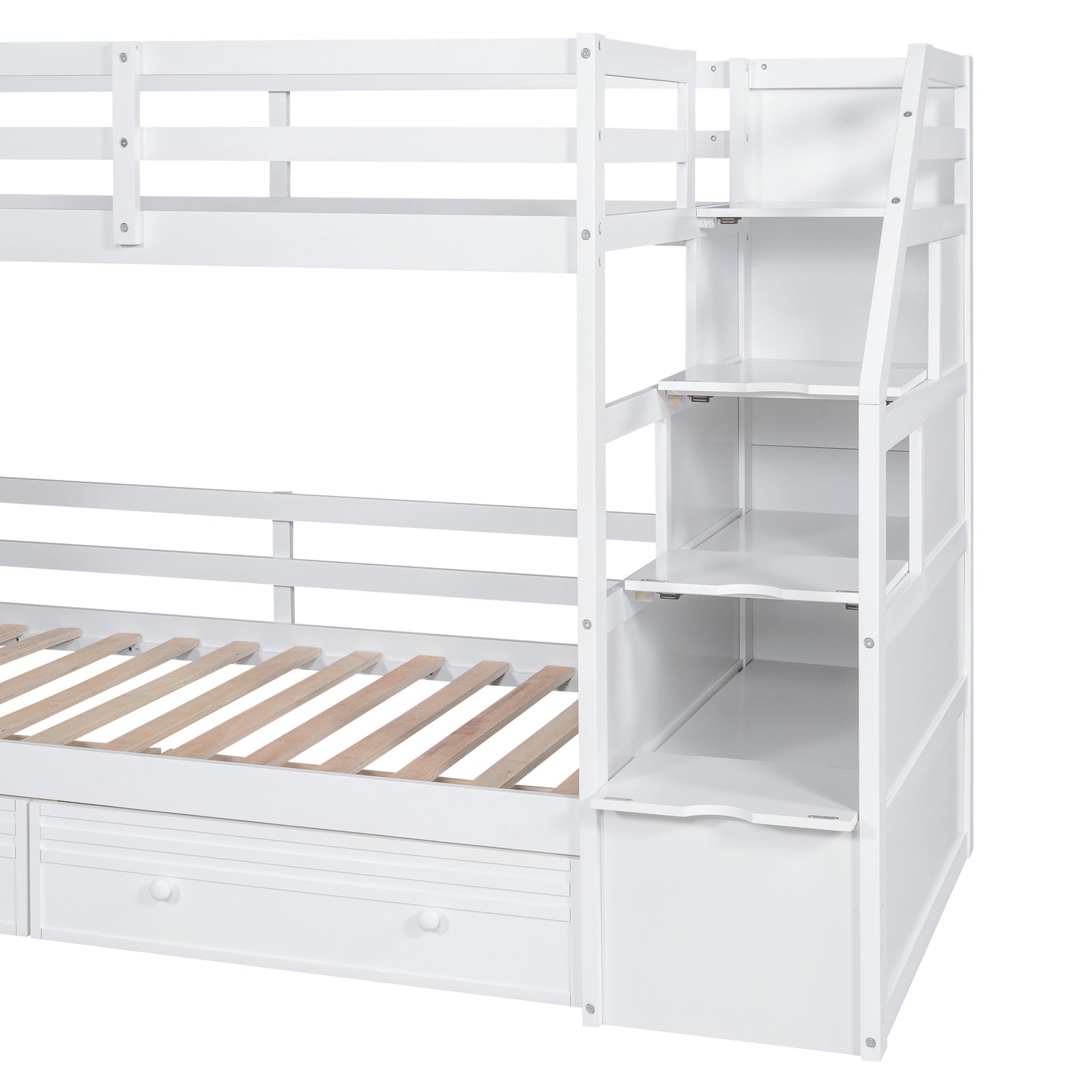 Twin over Twin Bunk Bed with Storage Staircase, Slide and Drawers, Desk with Drawers and Shelves, White(Expected Arrival Time: 1.17)