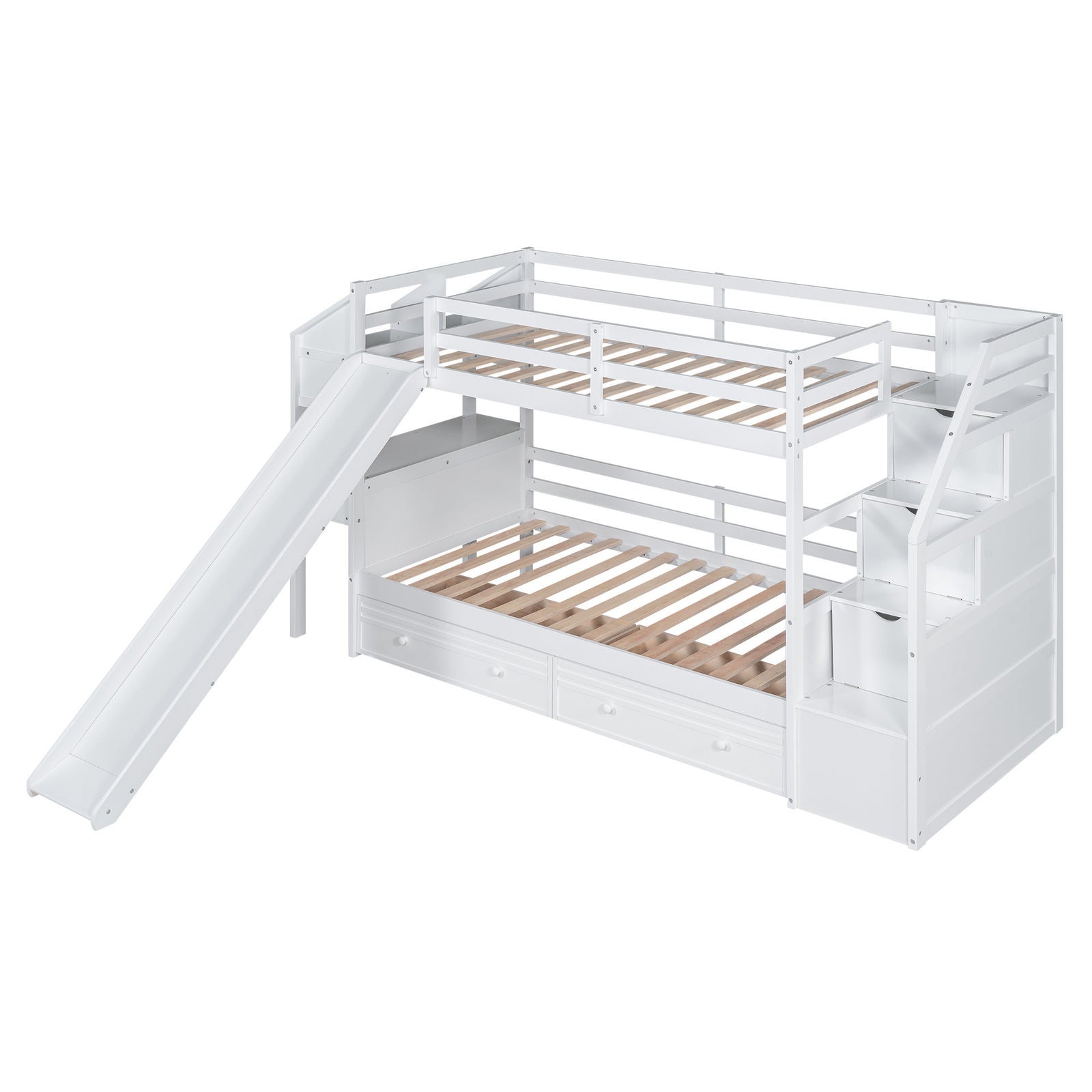 Twin over Twin Bunk Bed with Storage Staircase, Slide and Drawers, Desk with Drawers and Shelves, White(Expected Arrival Time: 1.17)