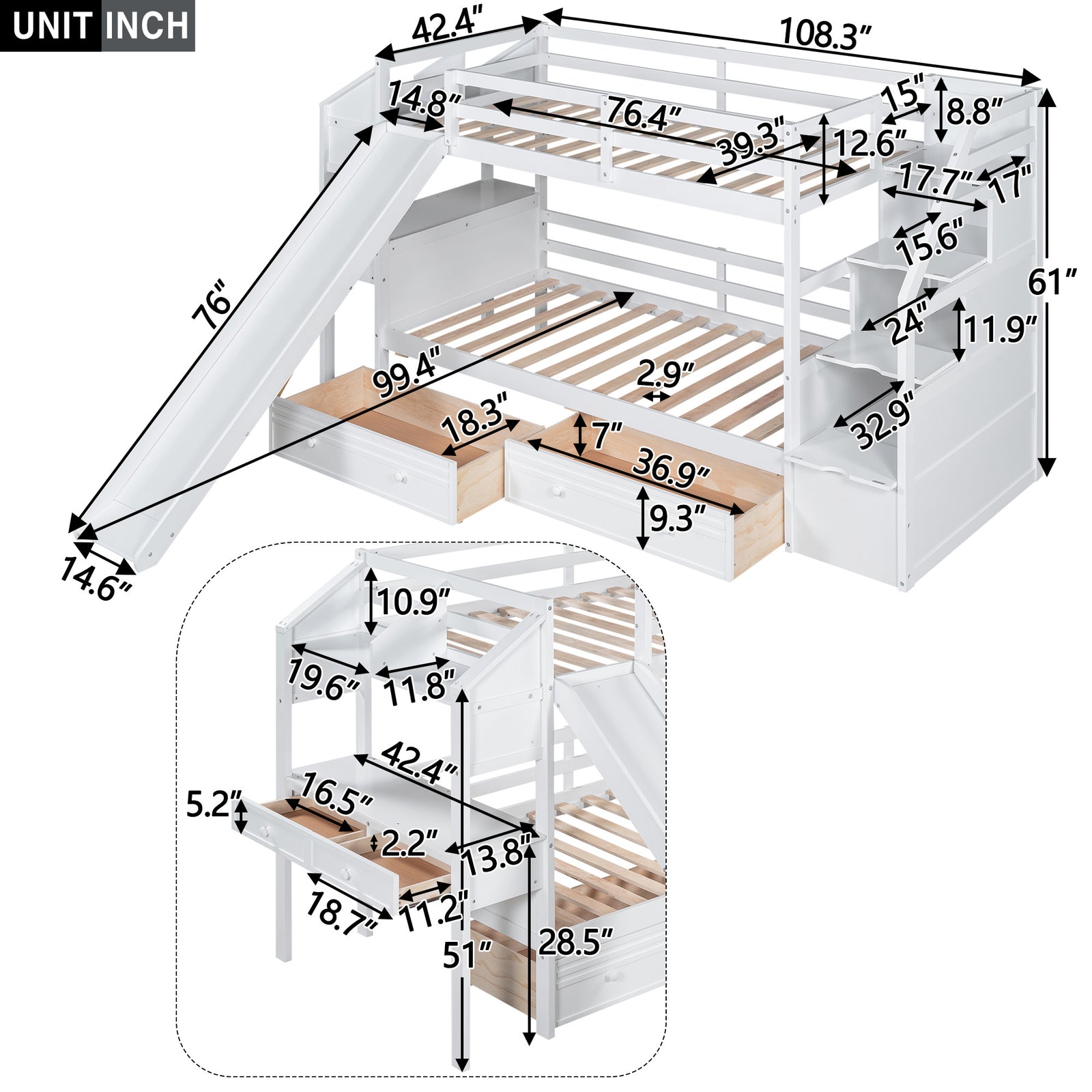 Twin over Twin Bunk Bed with Storage Staircase, Slide and Drawers, Desk with Drawers and Shelves, White(Expected Arrival Time: 1.17)