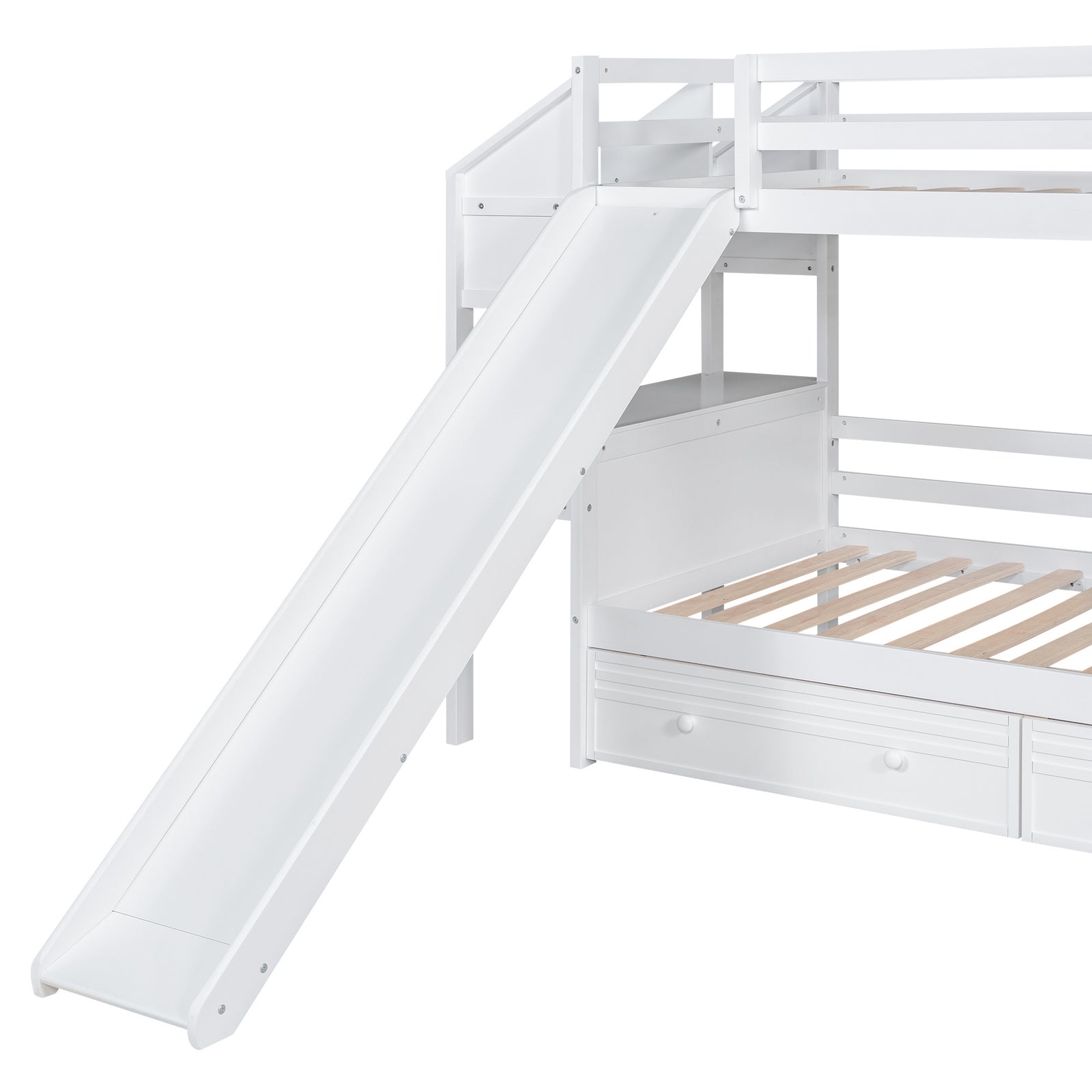 Twin over Twin Bunk Bed with Storage Staircase, Slide and Drawers, Desk with Drawers and Shelves, White(Expected Arrival Time: 1.17)