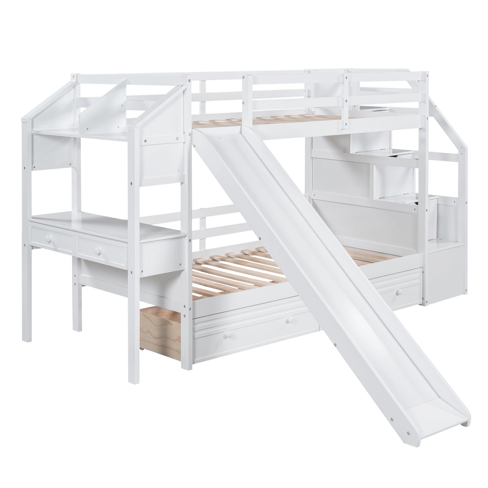 Twin over Twin Bunk Bed with Storage Staircase, Slide and Drawers, Desk with Drawers and Shelves, White(Expected Arrival Time: 1.17)