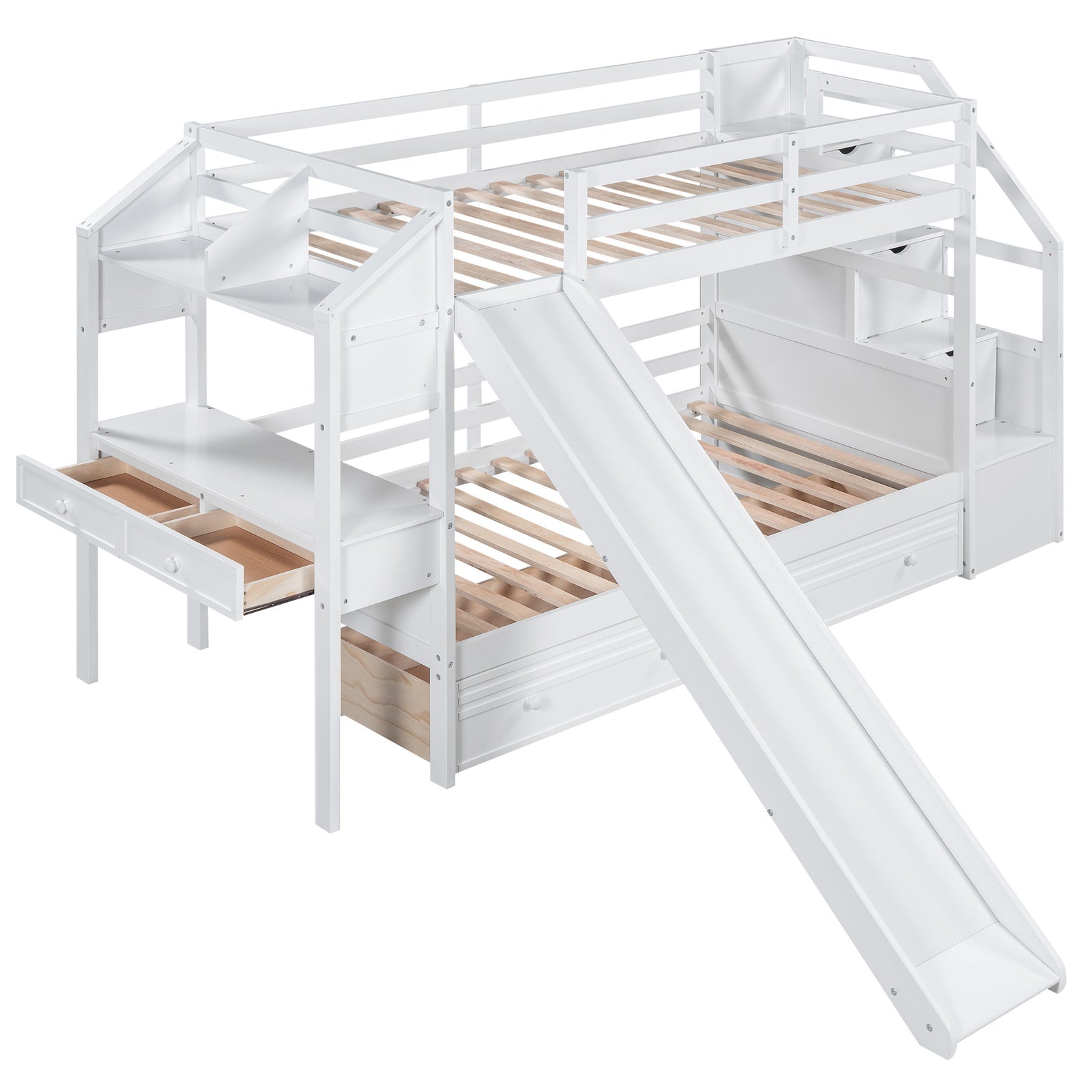Twin over Twin Bunk Bed with Storage Staircase, Slide and Drawers, Desk with Drawers and Shelves, White(Expected Arrival Time: 1.17)