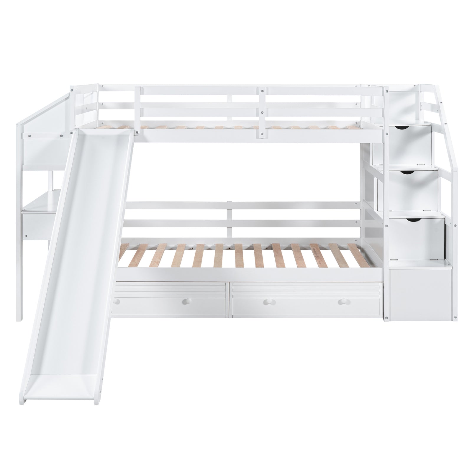 Twin over Twin Bunk Bed with Storage Staircase, Slide and Drawers, Desk with Drawers and Shelves, White(Expected Arrival Time: 1.17)
