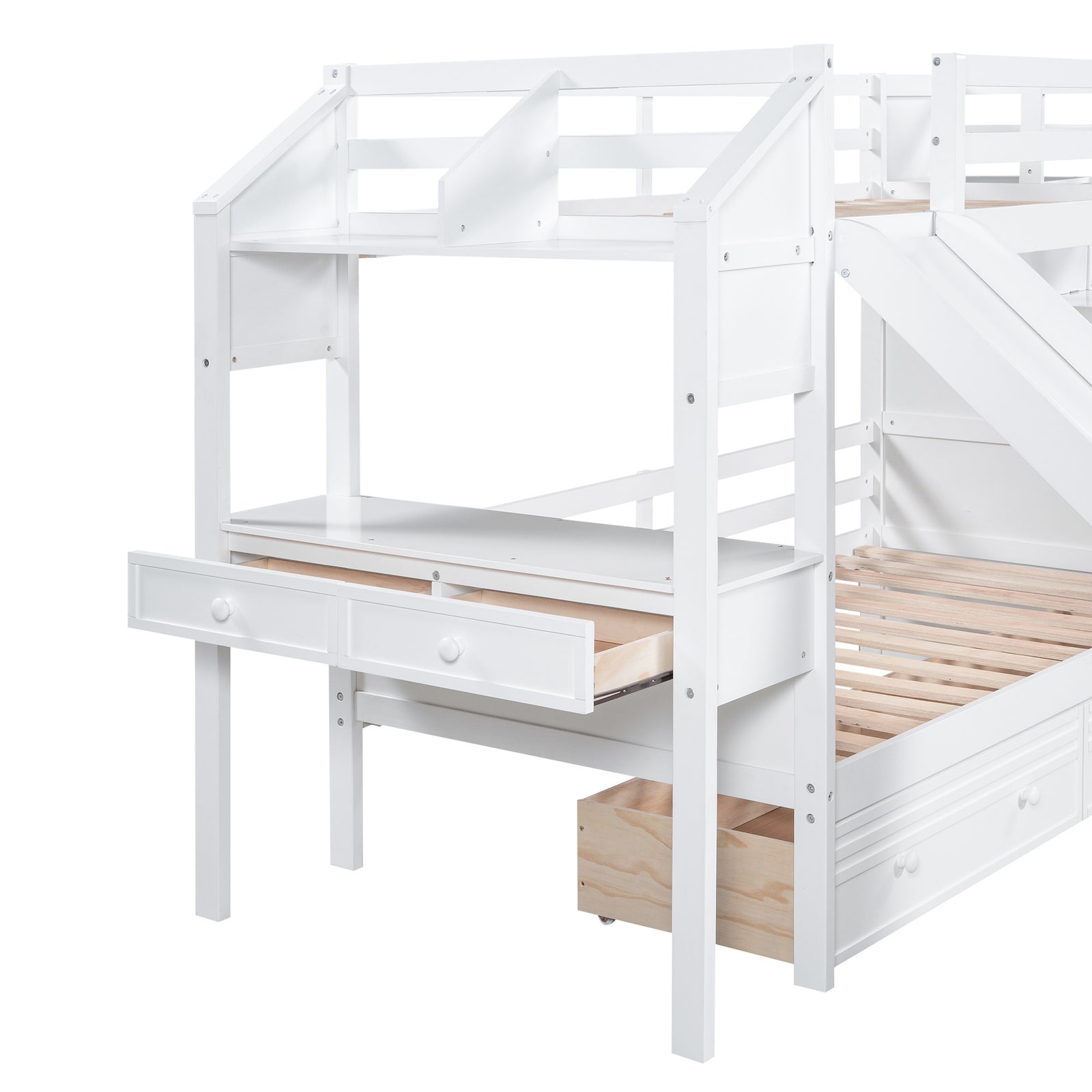 Twin over Twin Bunk Bed with Storage Staircase, Slide and Drawers, Desk with Drawers and Shelves, White(Expected Arrival Time: 1.17)