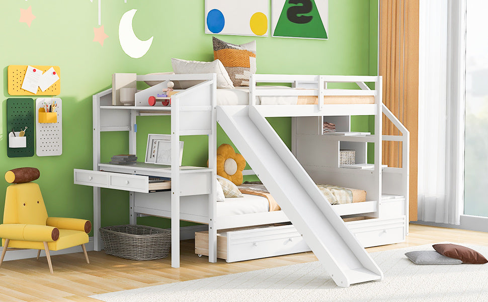 Twin over Twin Bunk Bed with Storage Staircase, Slide and Drawers, Desk with Drawers and Shelves, White(Expected Arrival Time: 1.17)