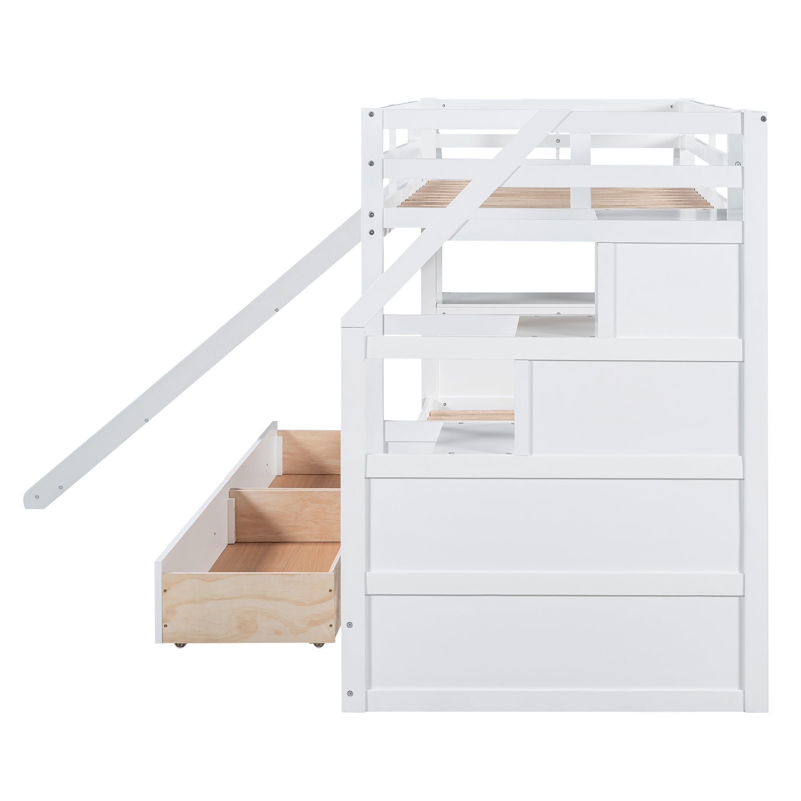 Twin over Twin Bunk Bed with Storage Staircase, Slide and Drawers, Desk with Drawers and Shelves, White(Expected Arrival Time: 1.17)