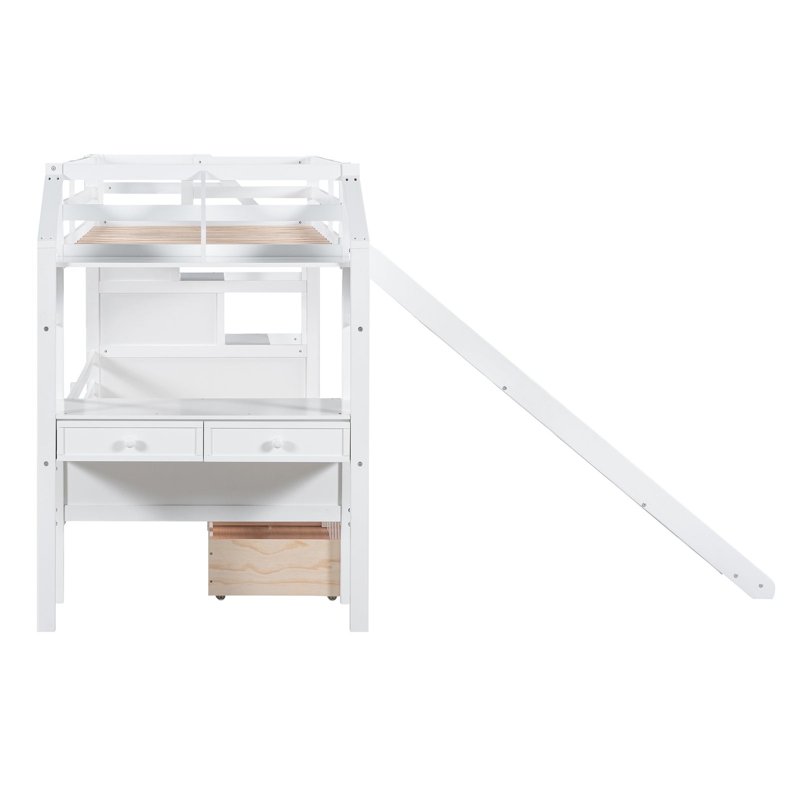 Twin over Twin Bunk Bed with Storage Staircase, Slide and Drawers, Desk with Drawers and Shelves, White(Expected Arrival Time: 1.17)