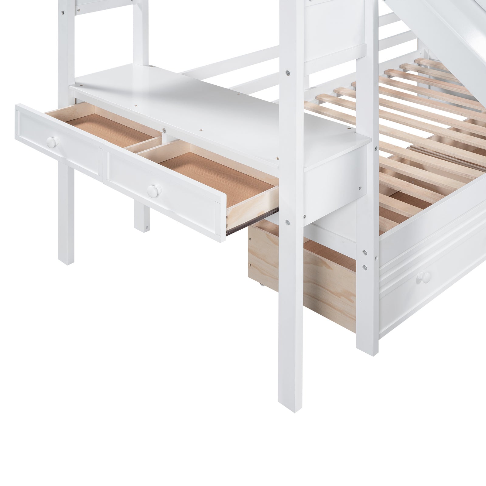 Twin over Twin Bunk Bed with Storage Staircase, Slide and Drawers, Desk with Drawers and Shelves, White(Expected Arrival Time: 1.17)