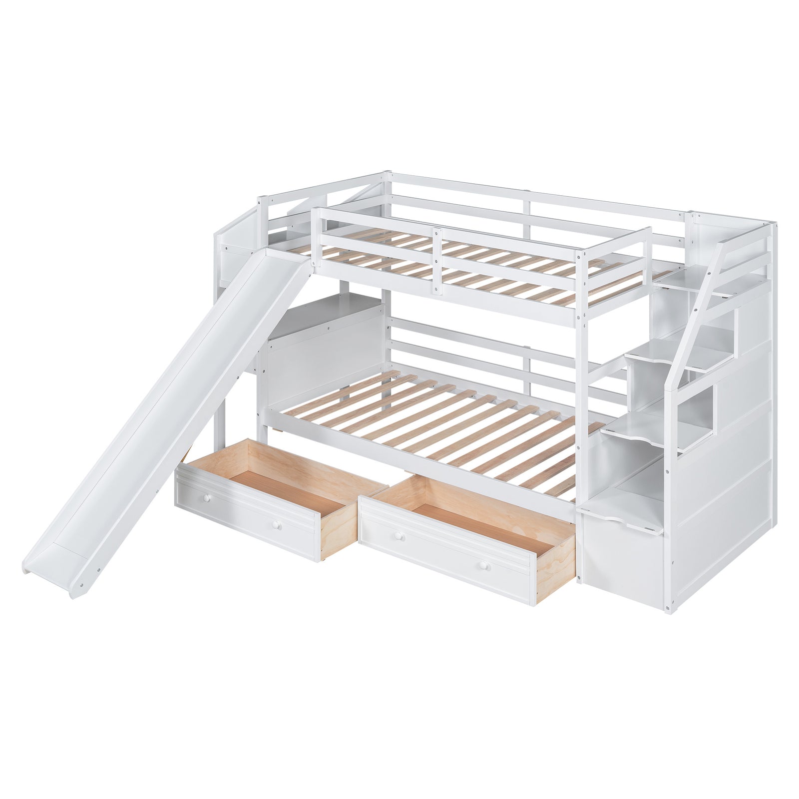 Twin over Twin Bunk Bed with Storage Staircase, Slide and Drawers, Desk with Drawers and Shelves, White(Expected Arrival Time: 1.17)