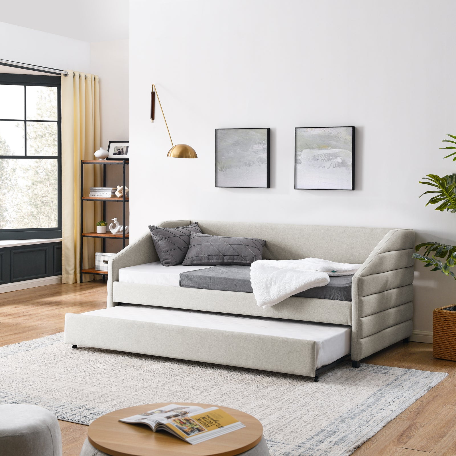 Twin Size Daybed with Trundle Upholstered Tufted Sofa Bed, Linen Fabric, Beige (82.5