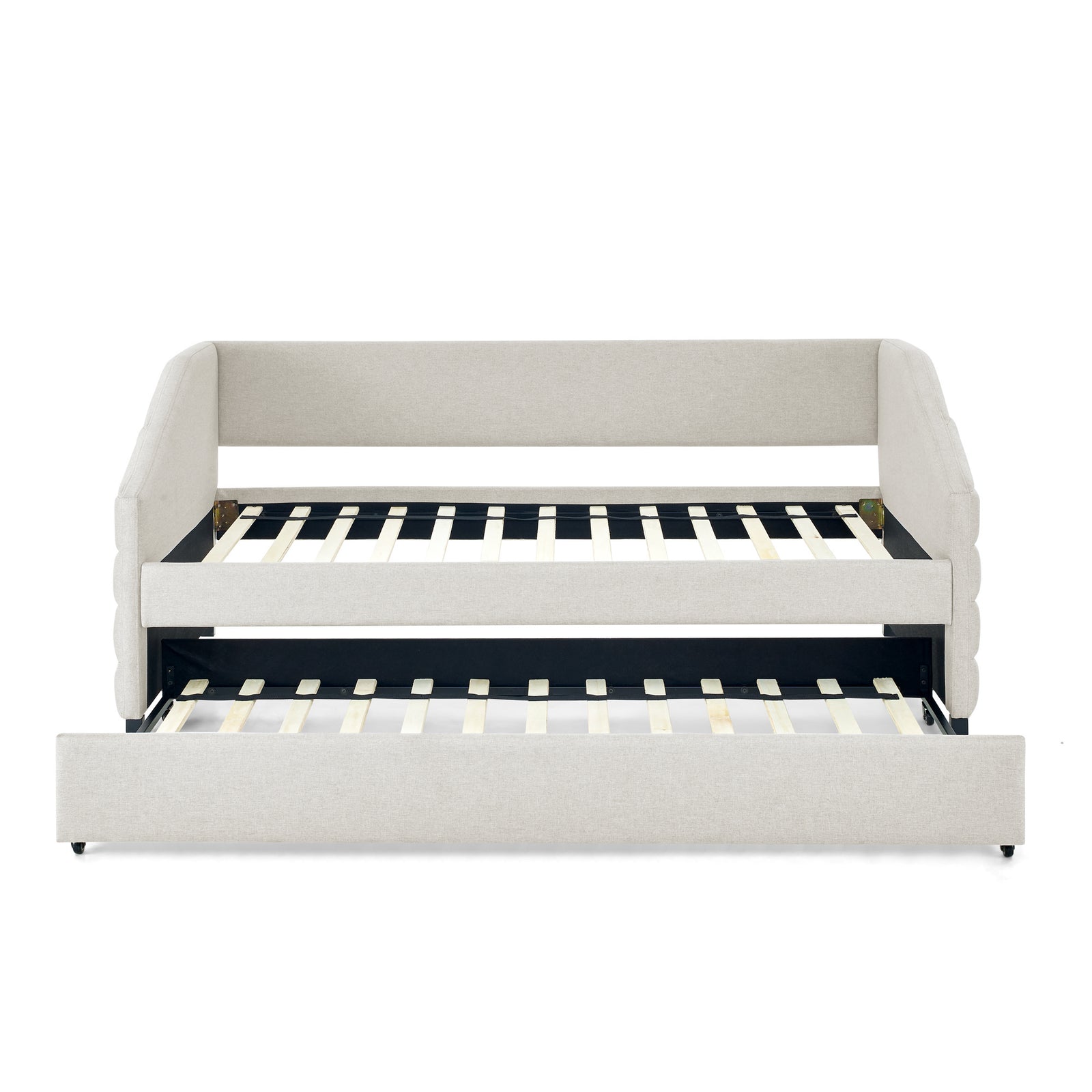 Twin Size Daybed with Trundle Upholstered Tufted Sofa Bed, Linen Fabric, Beige (82.5