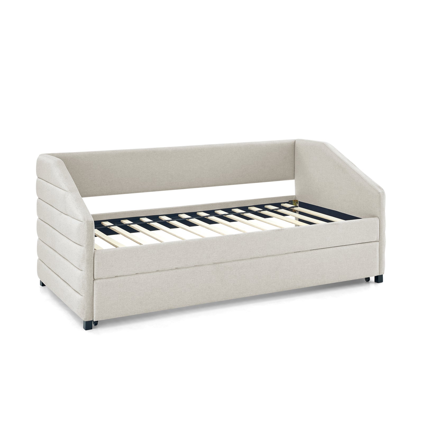 Twin Size Daybed with Trundle Upholstered Tufted Sofa Bed, Linen Fabric, Beige (82.5