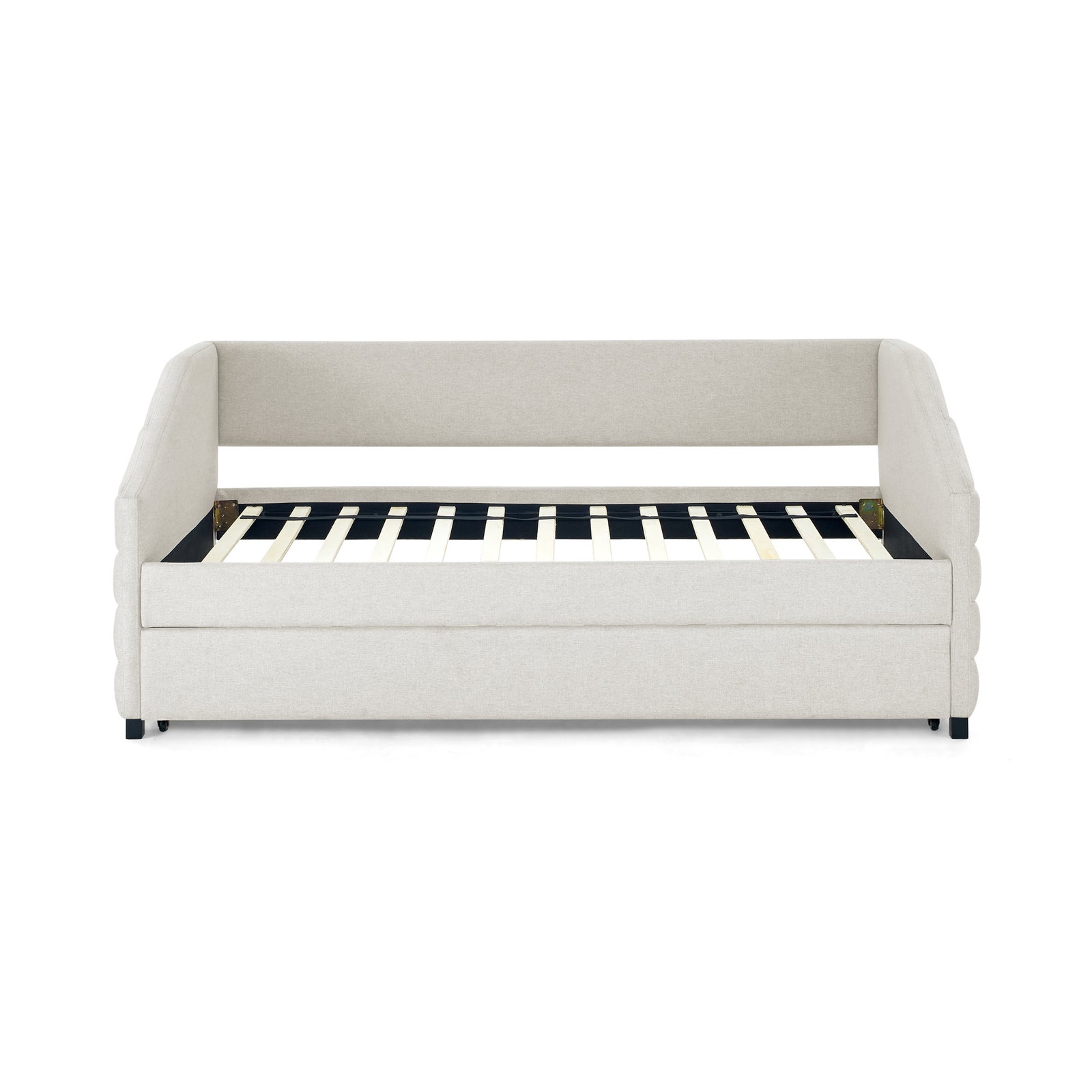 Twin Size Daybed with Trundle Upholstered Tufted Sofa Bed, Linen Fabric, Beige (82.5