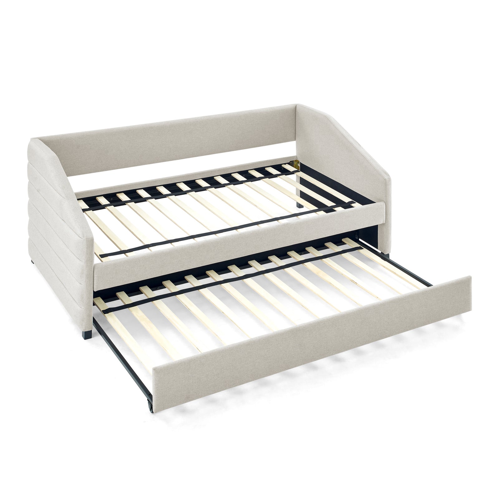Twin Size Daybed with Trundle Upholstered Tufted Sofa Bed, Linen Fabric, Beige (82.5