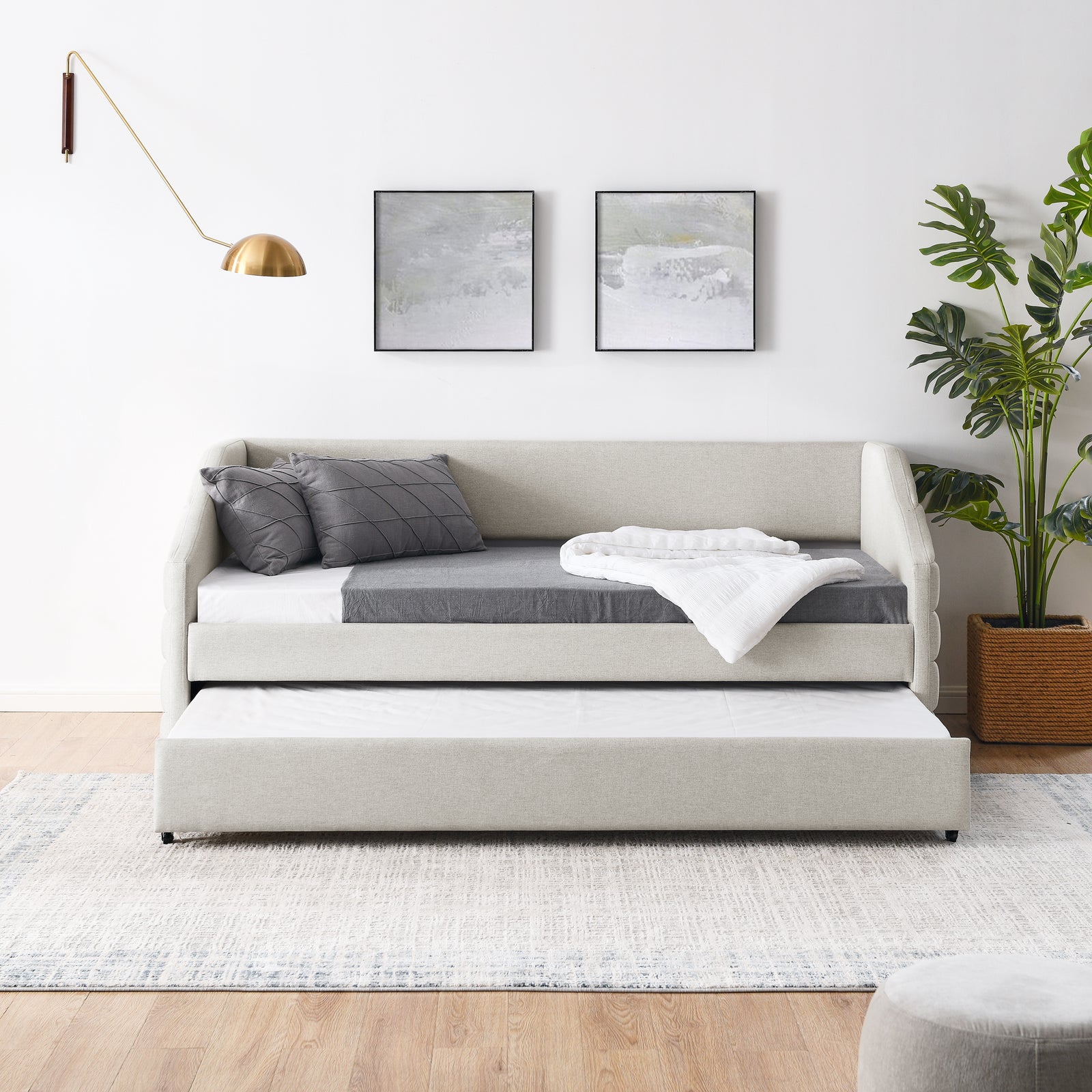 Twin Size Daybed with Trundle Upholstered Tufted Sofa Bed, Linen Fabric, Beige (82.5