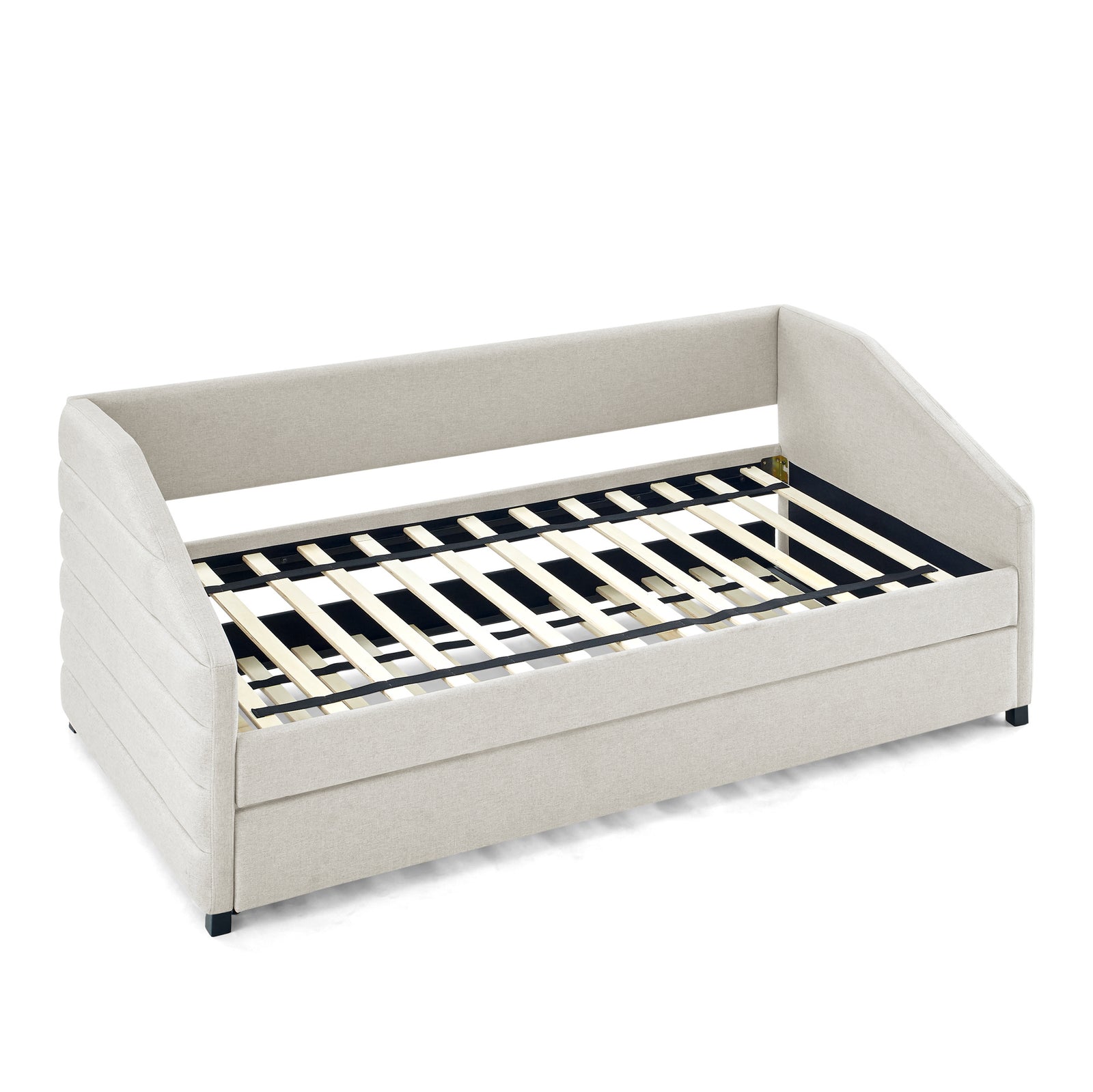 Twin Size Daybed with Trundle Upholstered Tufted Sofa Bed, Linen Fabric, Beige (82.5