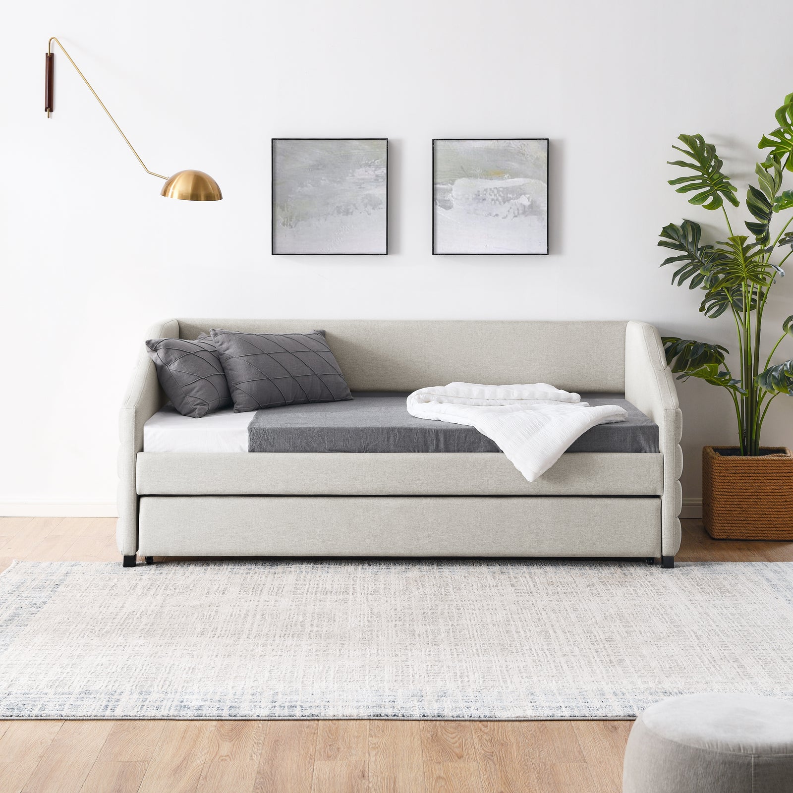 Twin Size Daybed with Trundle Upholstered Tufted Sofa Bed, Linen Fabric, Beige (82.5