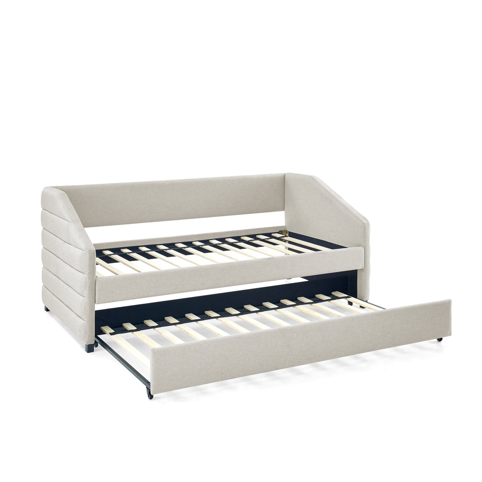 Twin Size Daybed with Trundle Upholstered Tufted Sofa Bed, Linen Fabric, Beige (82.5