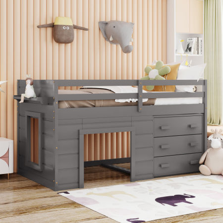Twin Size Loft Bed with Cabinet and Shelf - Gray (OLD SKU:LP000501AAE)