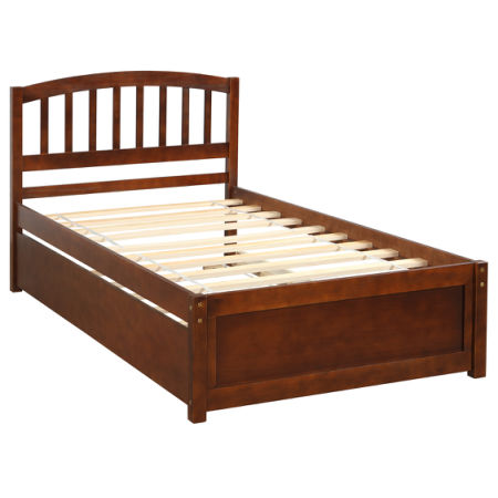 Twin size Platform Bed Wood Bed Frame with Trundle; Walnut RT