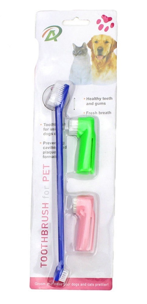 Two Headed Dog Toothbrush Set Canine Dental Hygiene Brush with 2 Finger Brushes Soft Bristles - WoodPoly.com