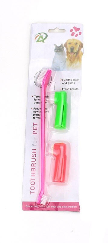 Two Headed Dog Toothbrush Set Canine Dental Hygiene Brush with 2 Finger Brushes Soft Bristles - WoodPoly.com