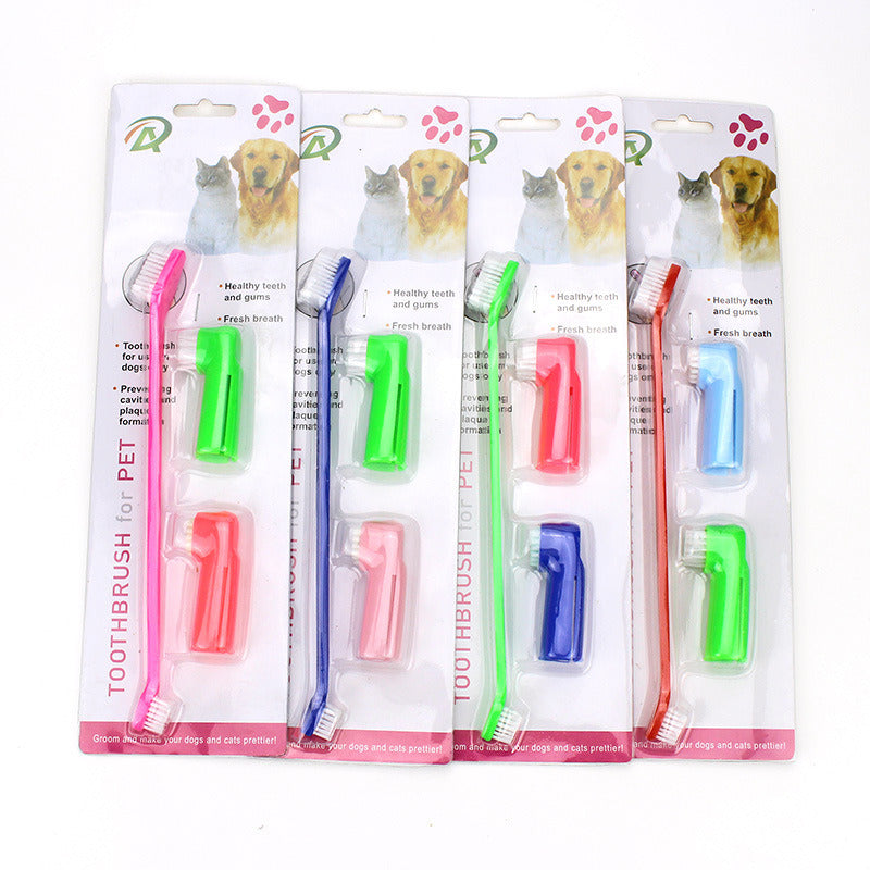 Two Headed Dog Toothbrush Set Canine Dental Hygiene Brush with 2 Finger Brushes Soft Bristles - WoodPoly.com