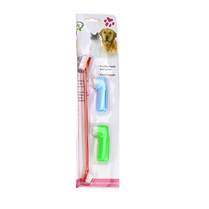 Two Headed Dog Toothbrush Set Canine Dental Hygiene Brush with 2 Finger Brushes Soft Bristles - WoodPoly.com