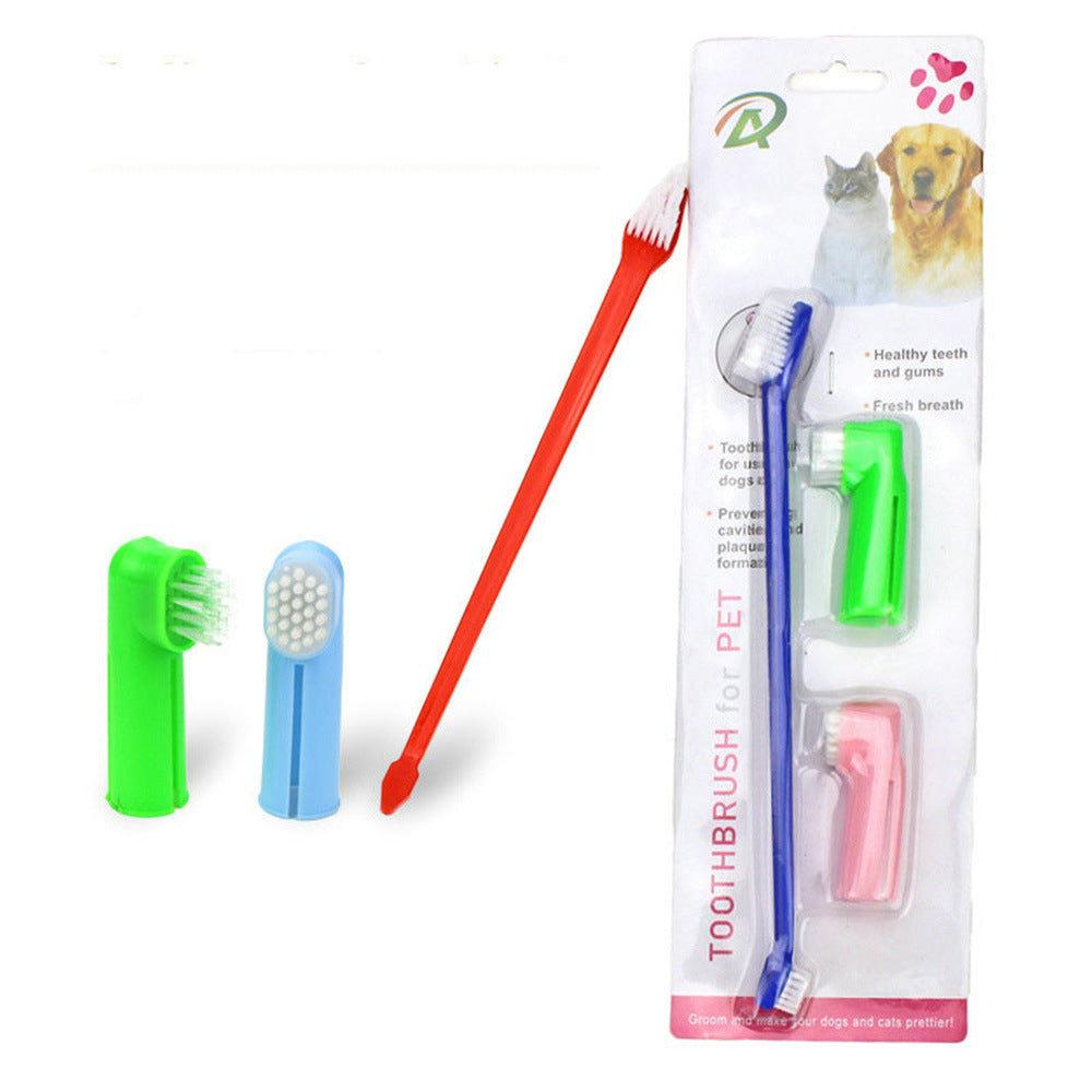 Two Headed Dog Toothbrush Set Canine Dental Hygiene Brush with 2 Finger Brushes Soft Bristles - WoodPoly.com