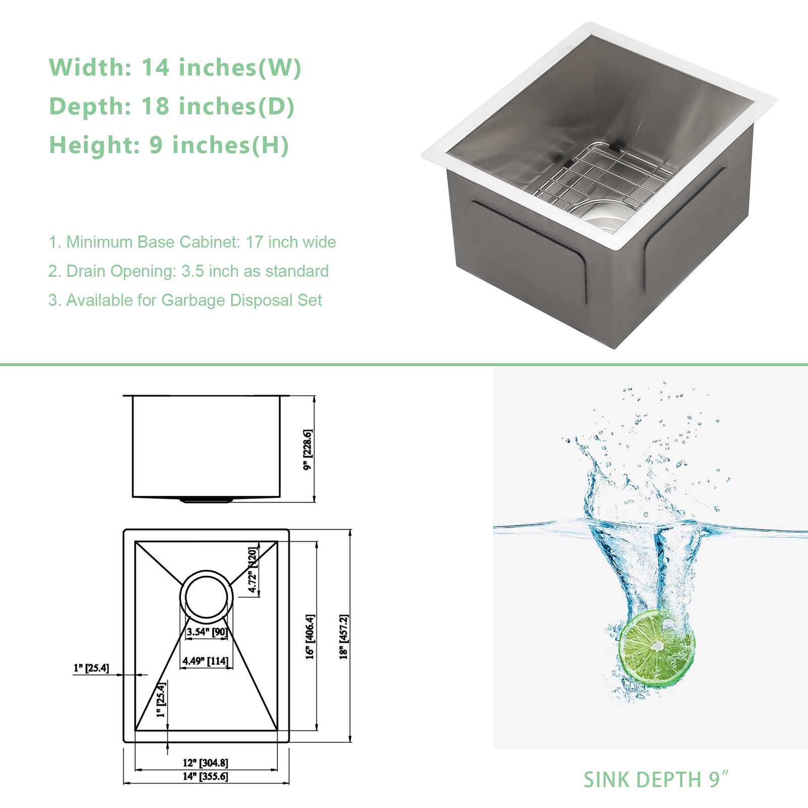 Undermount Sink Stainless Steel 18 Gauge Single Bowl Kitchen Sink Basin with Strainer