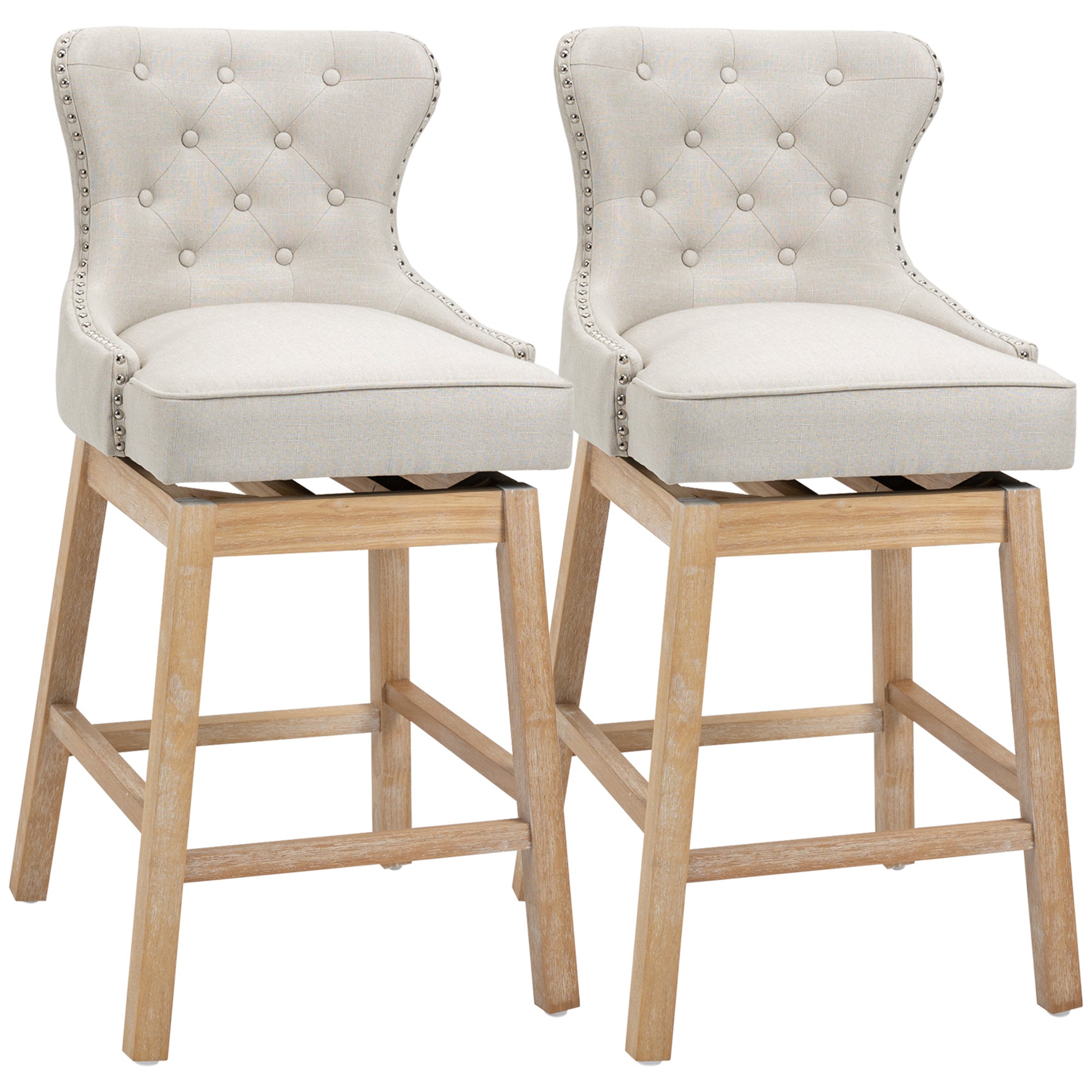 Upholstered Fabric Bar Height Bar Stools, 180° Swivel Nailhead-Trim Pub Chairs, 30" Seat Height with Rubber Wood Legs, Set of 2, Cream