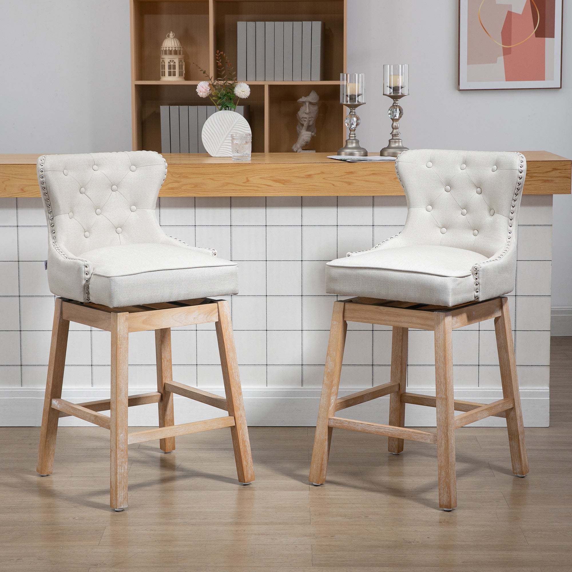 Upholstered Fabric Bar Height Bar Stools, 180° Swivel Nailhead-Trim Pub Chairs, 30" Seat Height with Rubber Wood Legs, Set of 2, Cream
