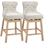 Upholstered Fabric Bar Height Bar Stools, 180° Swivel Nailhead-Trim Pub Chairs, 30" Seat Height with Rubber Wood Legs, Set of 2, Cream