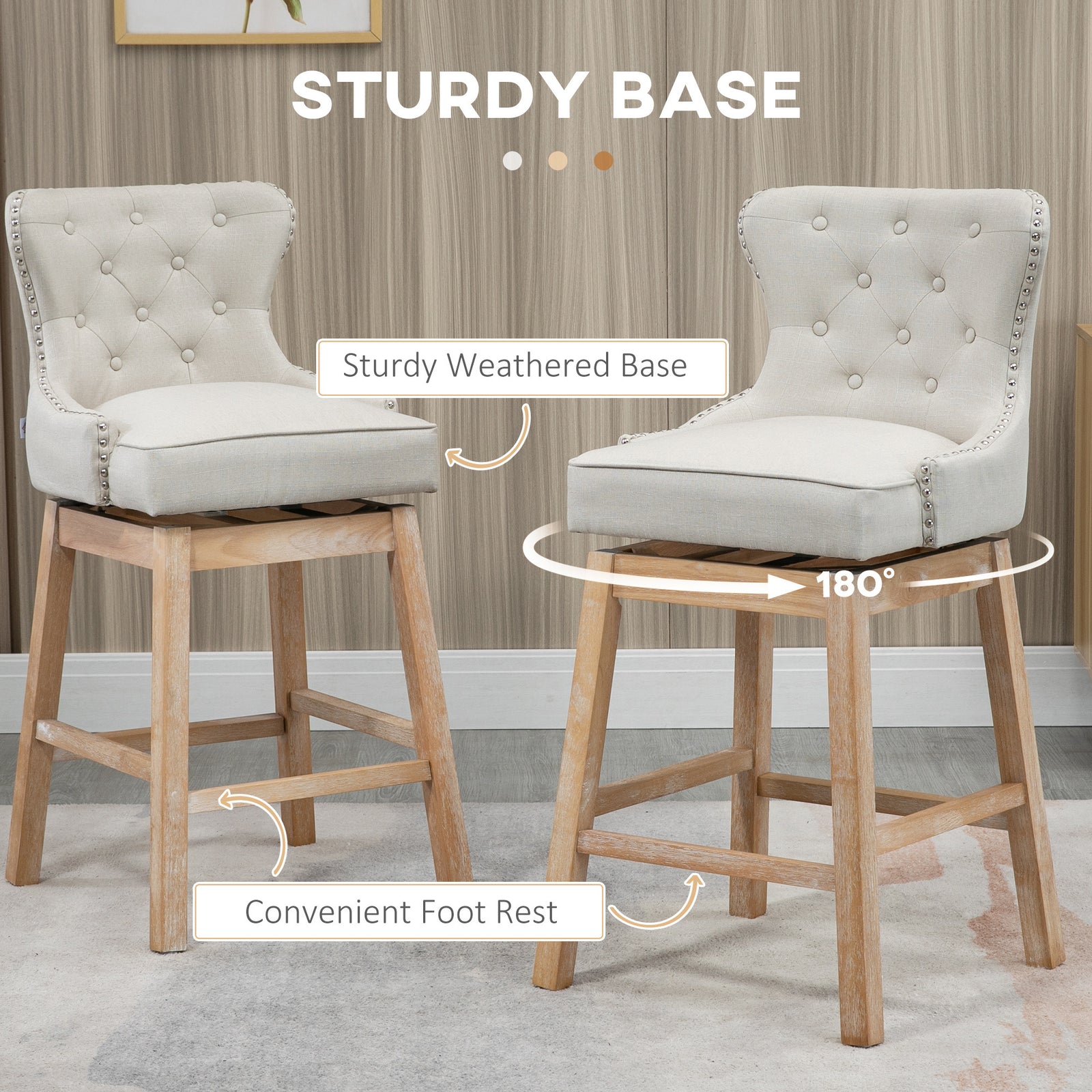 Upholstered Fabric Bar Height Bar Stools, 180° Swivel Nailhead-Trim Pub Chairs, 30