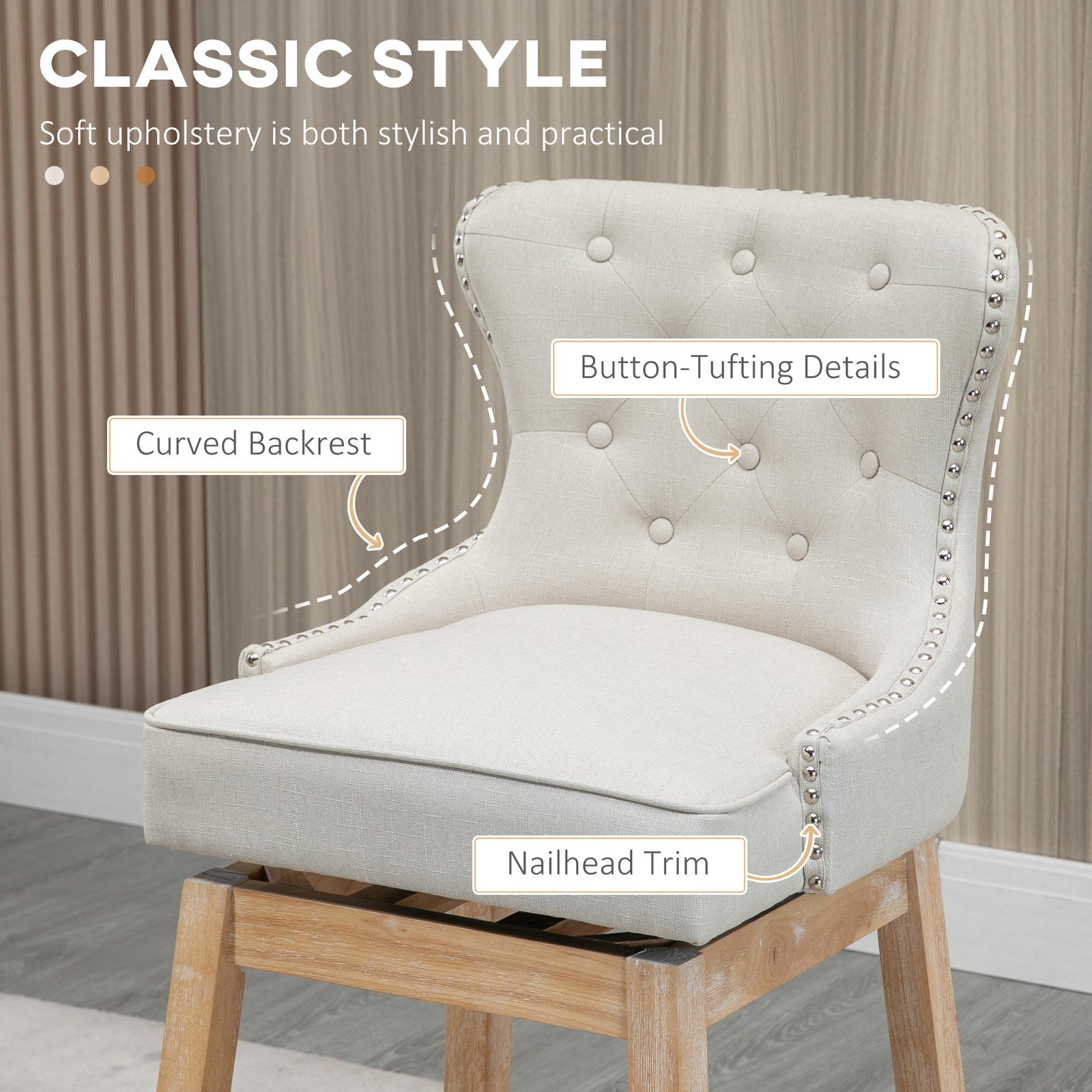 Upholstered Fabric Bar Height Bar Stools, 180° Swivel Nailhead-Trim Pub Chairs, 30