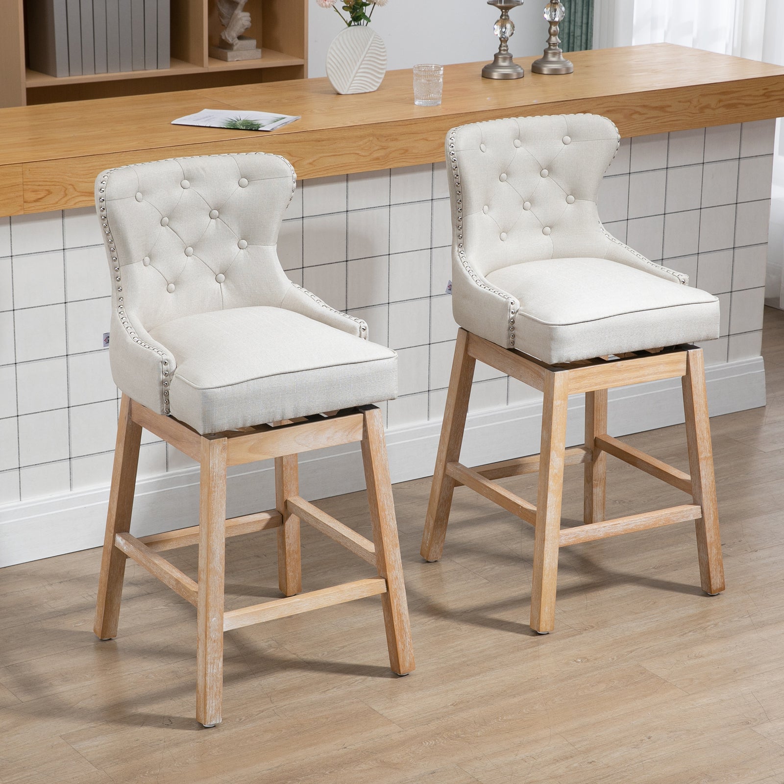 Upholstered Fabric Bar Height Bar Stools, 180° Swivel Nailhead-Trim Pub Chairs, 30